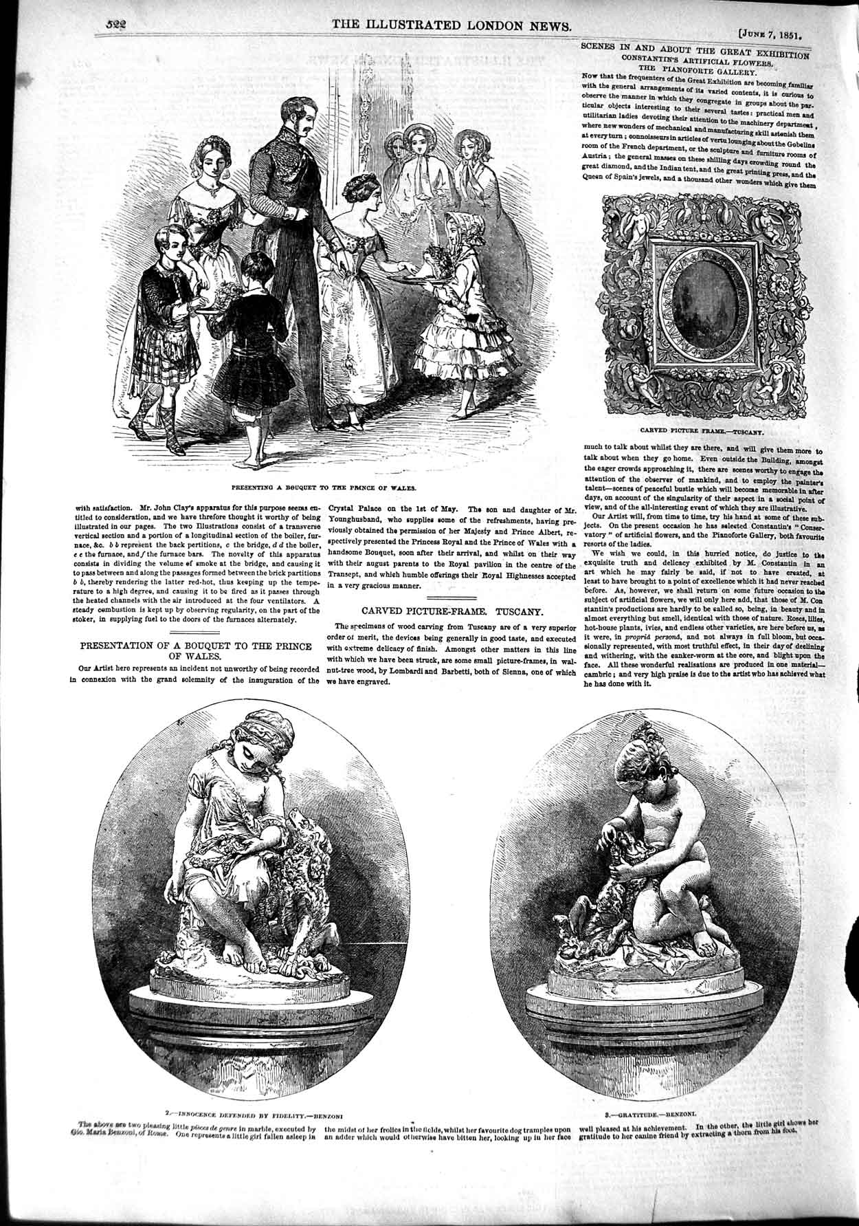 Original Old Antique Print 1851 Prince Wales Benzoni Sculptures Children 19th