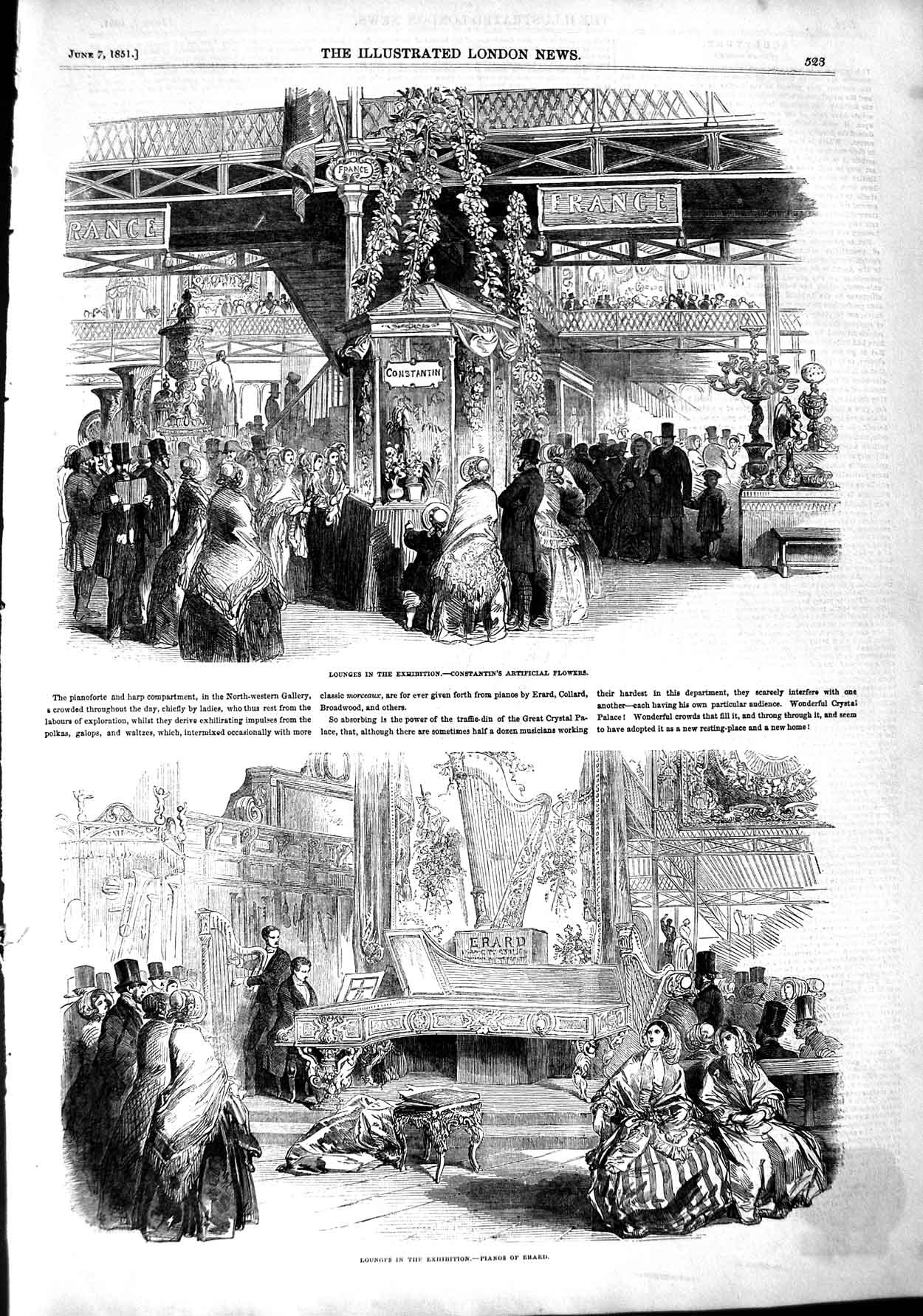 Old Antique Print 1851 Constantin'S Artificial Flowers Lounge Piano Music 19th