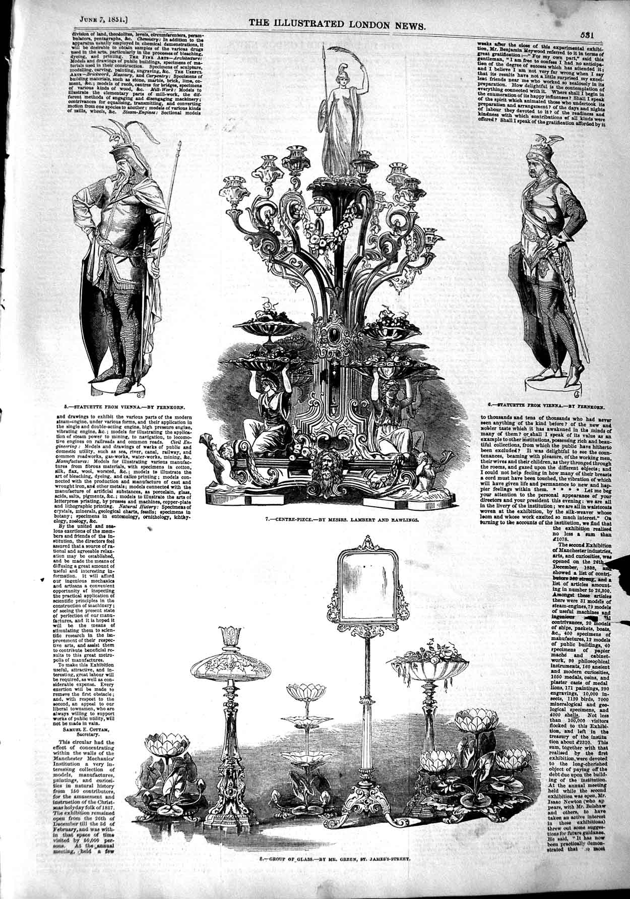 Original Old Antique Print 1851 Glass Statuette Vienna Lambert James'S Street