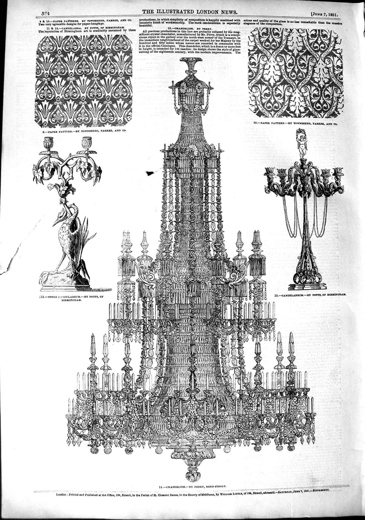 Original Old Antique Print 1851 Chandelier Perry Stork Potts Paper Victorian