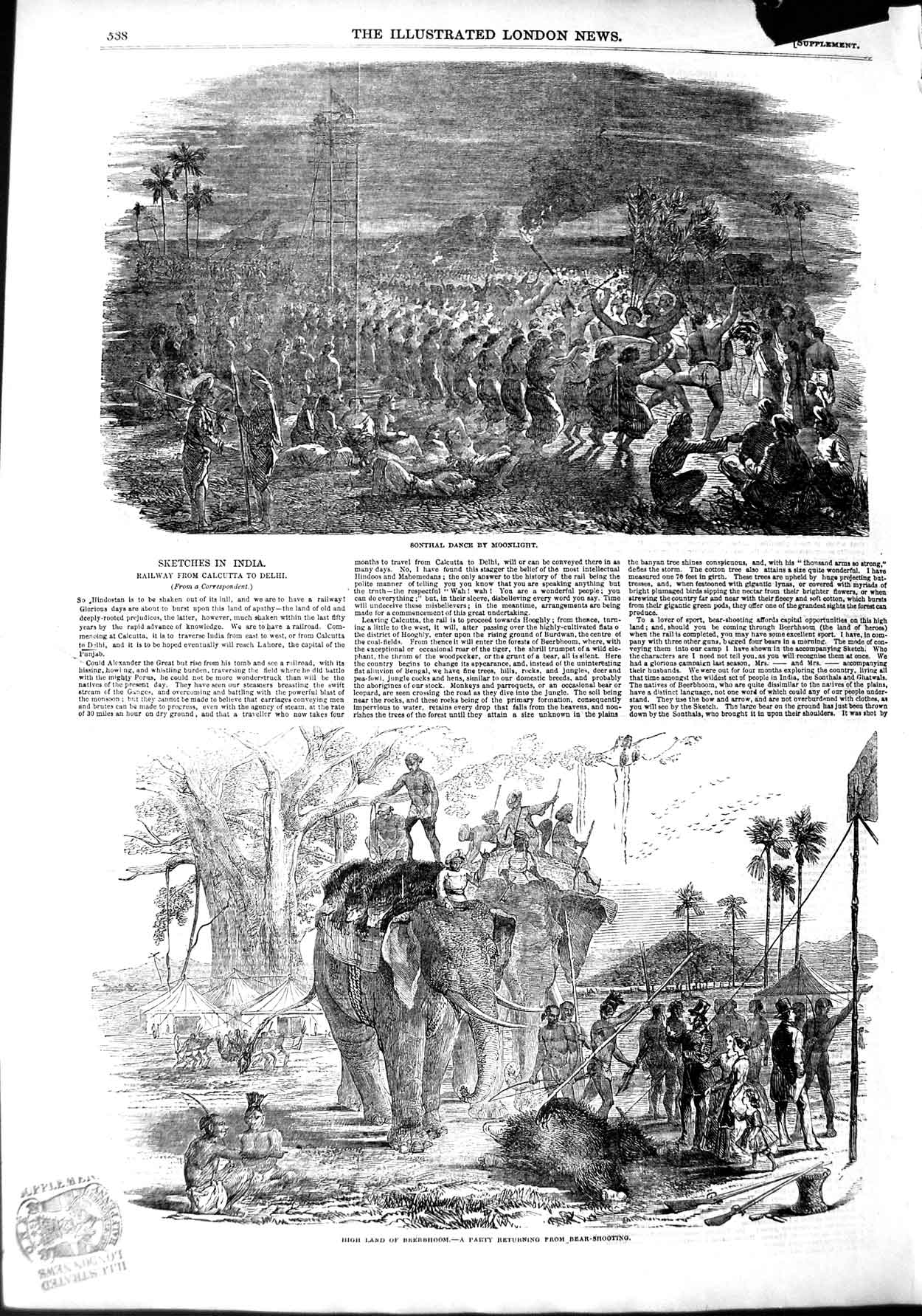 Old Antique Print 1851 India Sonthal Dance Moonlight Beerbhoom Elephant 19th