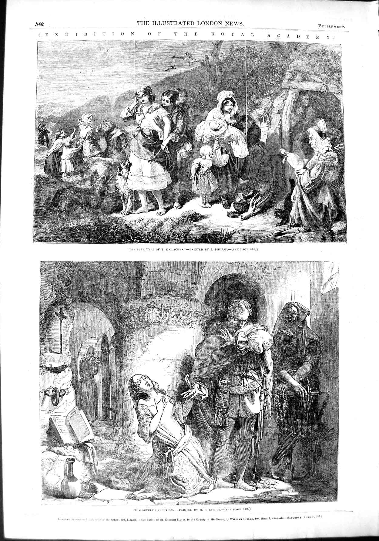 Original Old Antique Print 1851 Royal Academy Art Spae Wife Clachen Execution