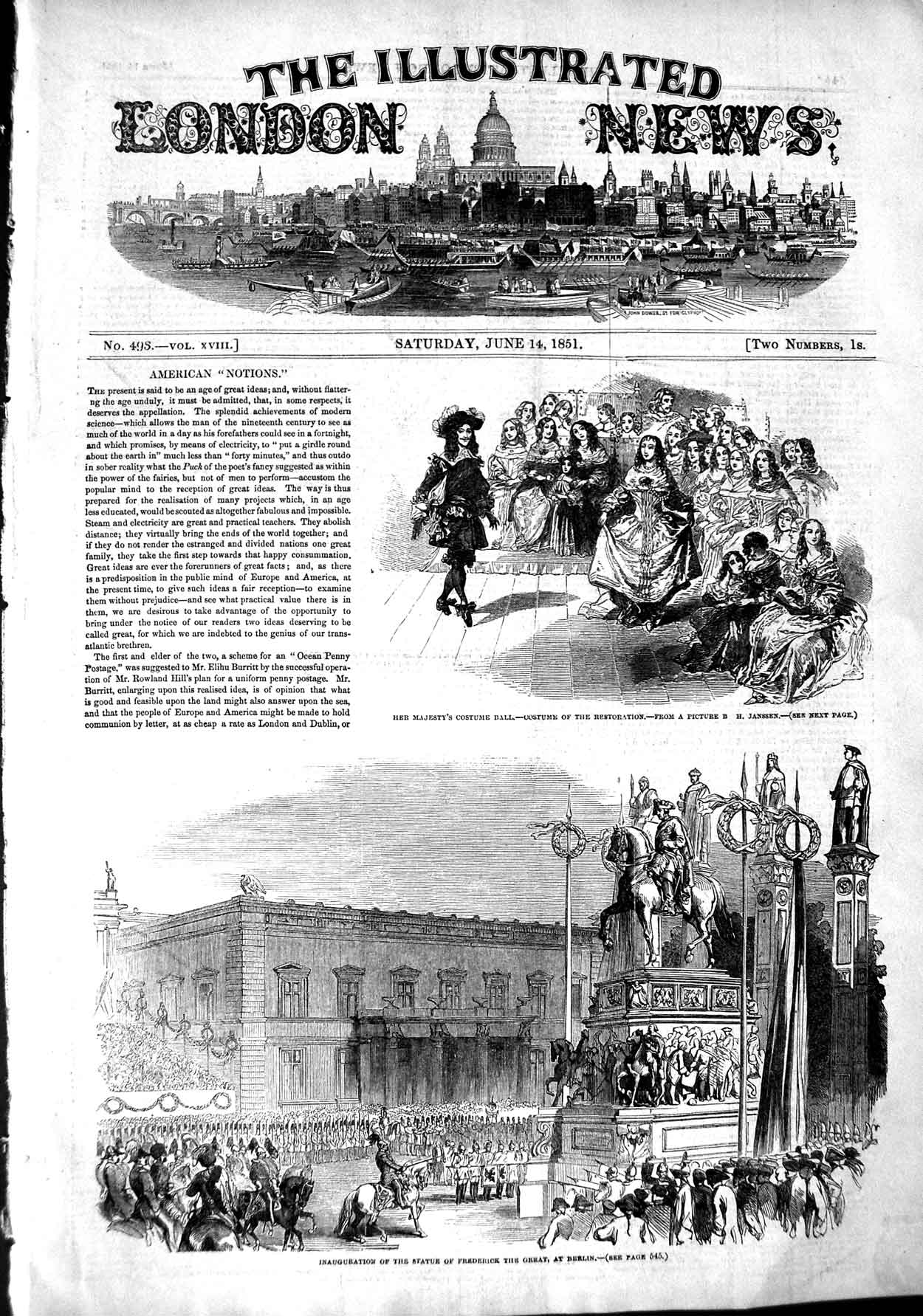 Old Antique Print 1851 Statue Frederick Great Berlin Queen Costume Ball 19th