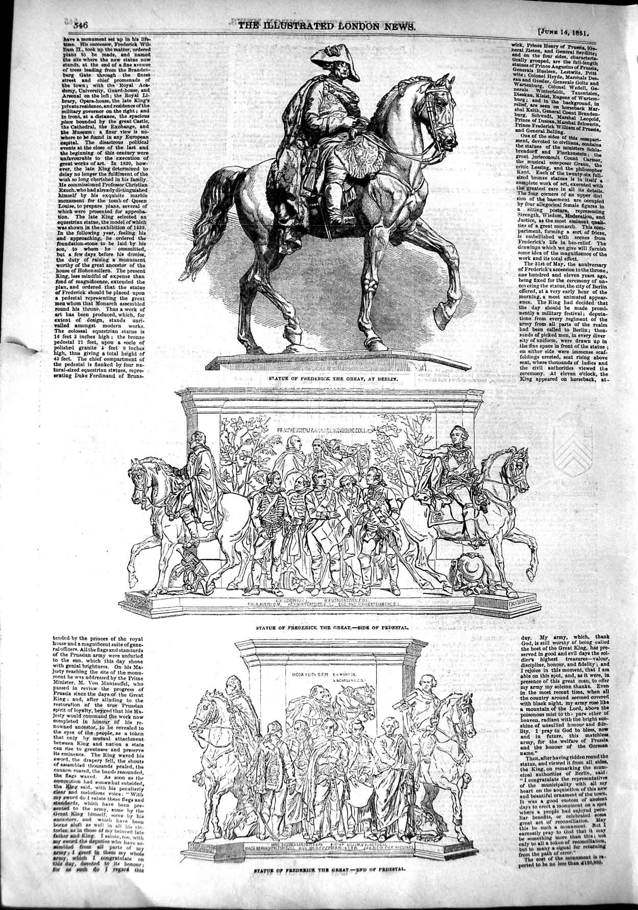 Original Old Antique Print 1851 Statue Frederick The Great Horse Berlin Germany