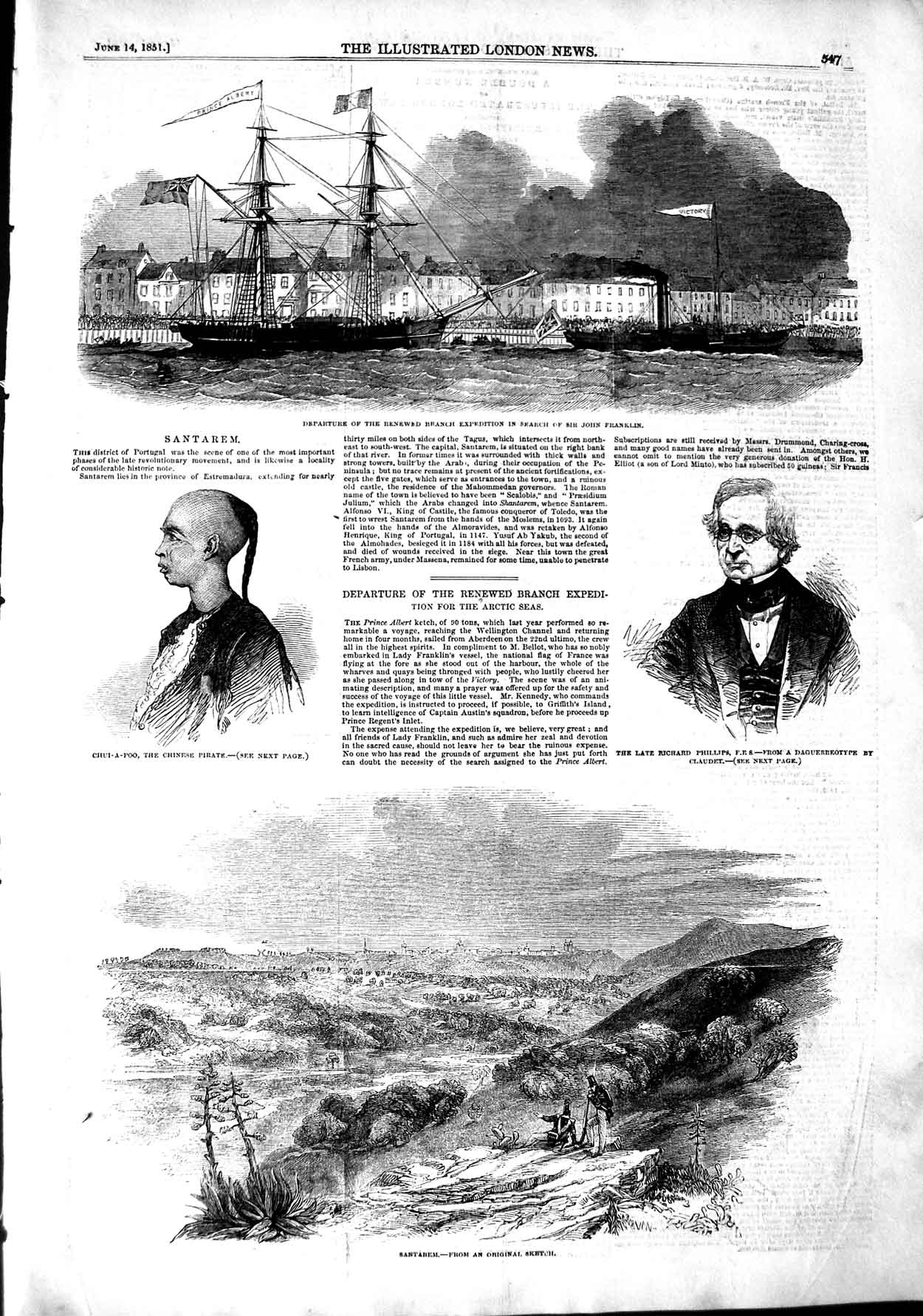 Original Old Antique Print 1851 John Franklin Ship Chinese Pirate View S 19th