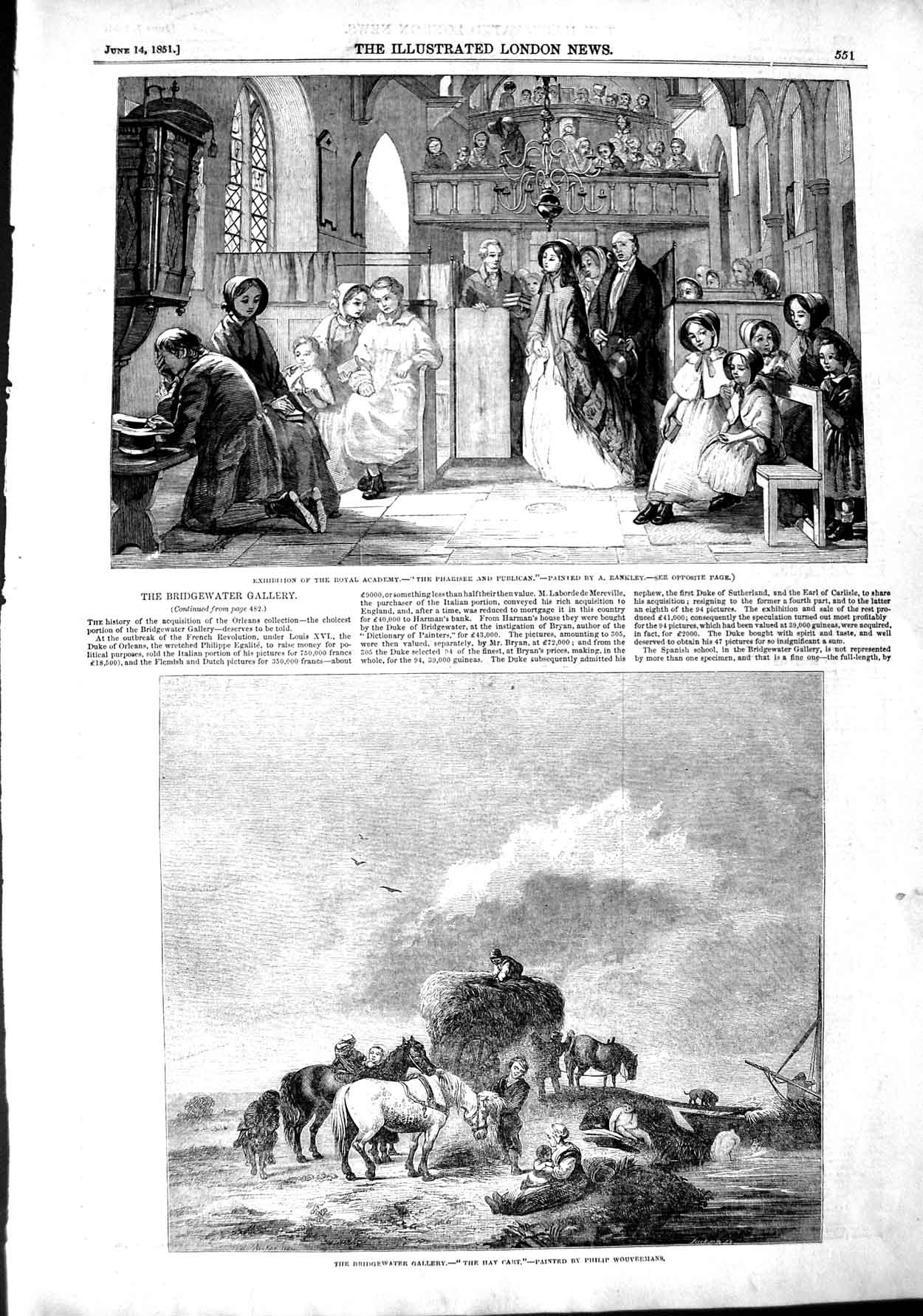 Original Old Antique Print 1851 Bridgewater Gallery Hay Cart Pharisee Publican