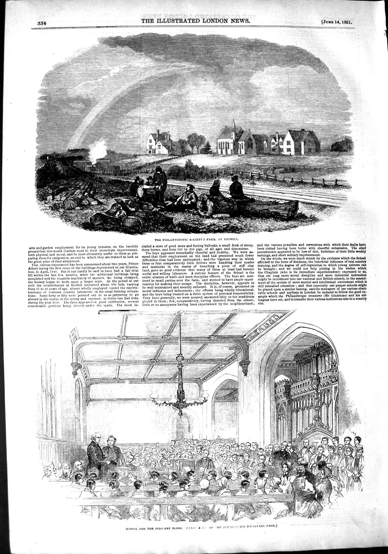 Old Antique Print 1851 Philanthropic Farm Redhill School Indigent Blind 19th