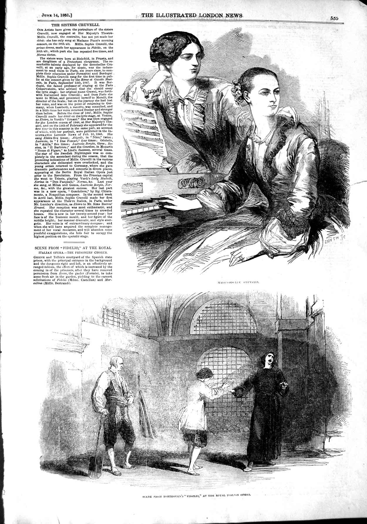 Original Old Antique Print 1851 Mademoiselle Cruvelli Beethoven Fideli Victorian