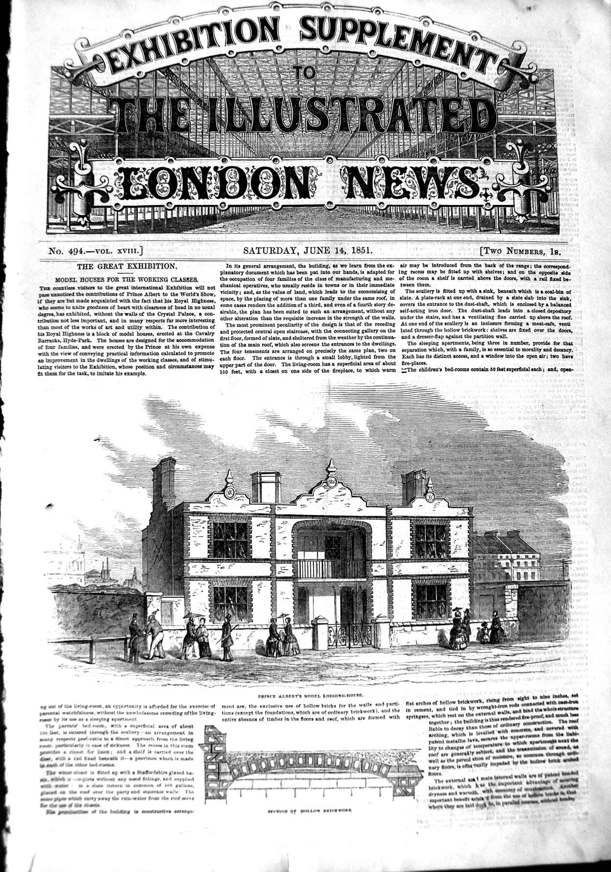 Original Old Antique Print 1851 Prince Albert Model Lodging House Hollow Br 19th