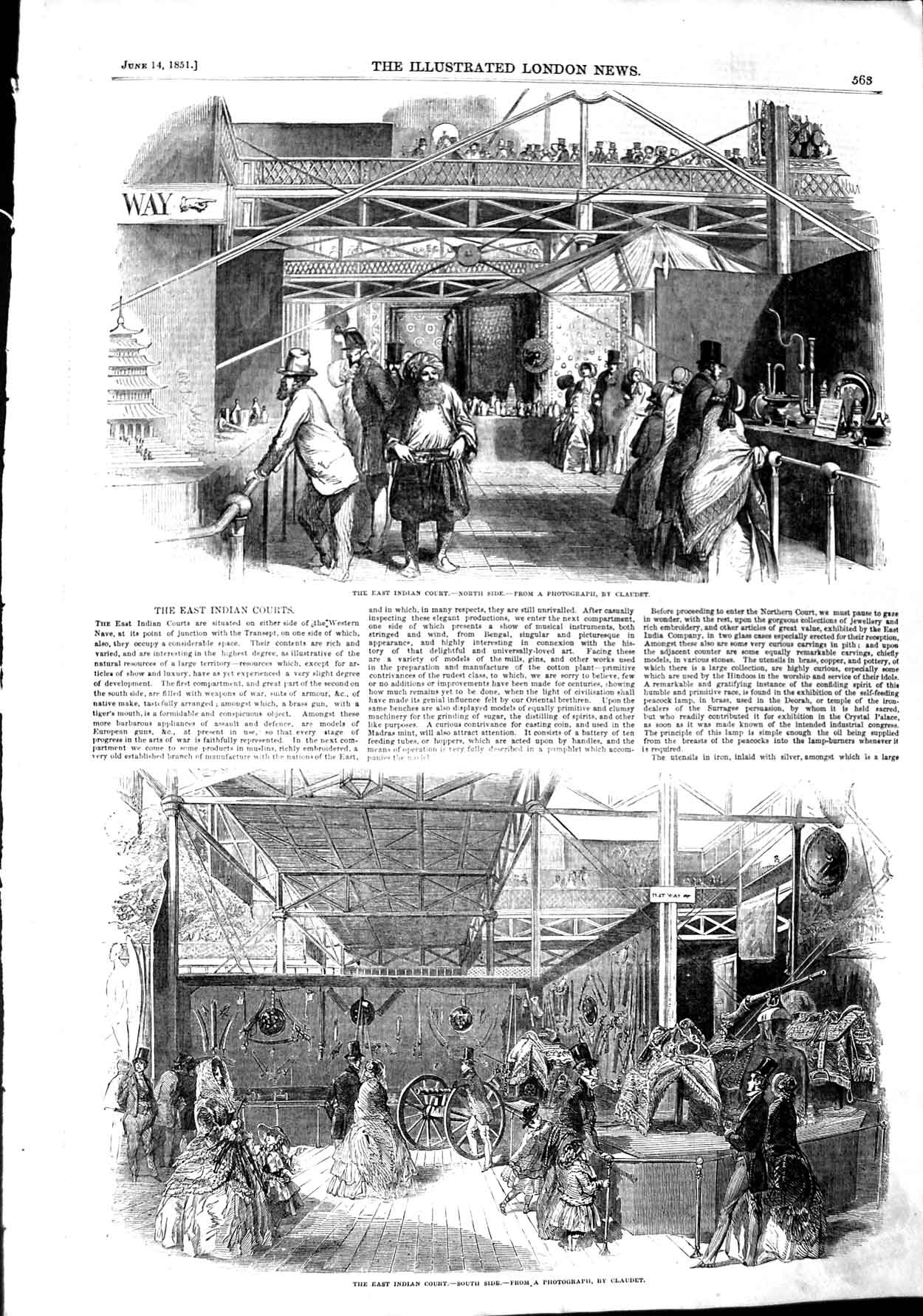 Original Old Antique Print 1851 East Indian Court Exhibition Western Nave 19th