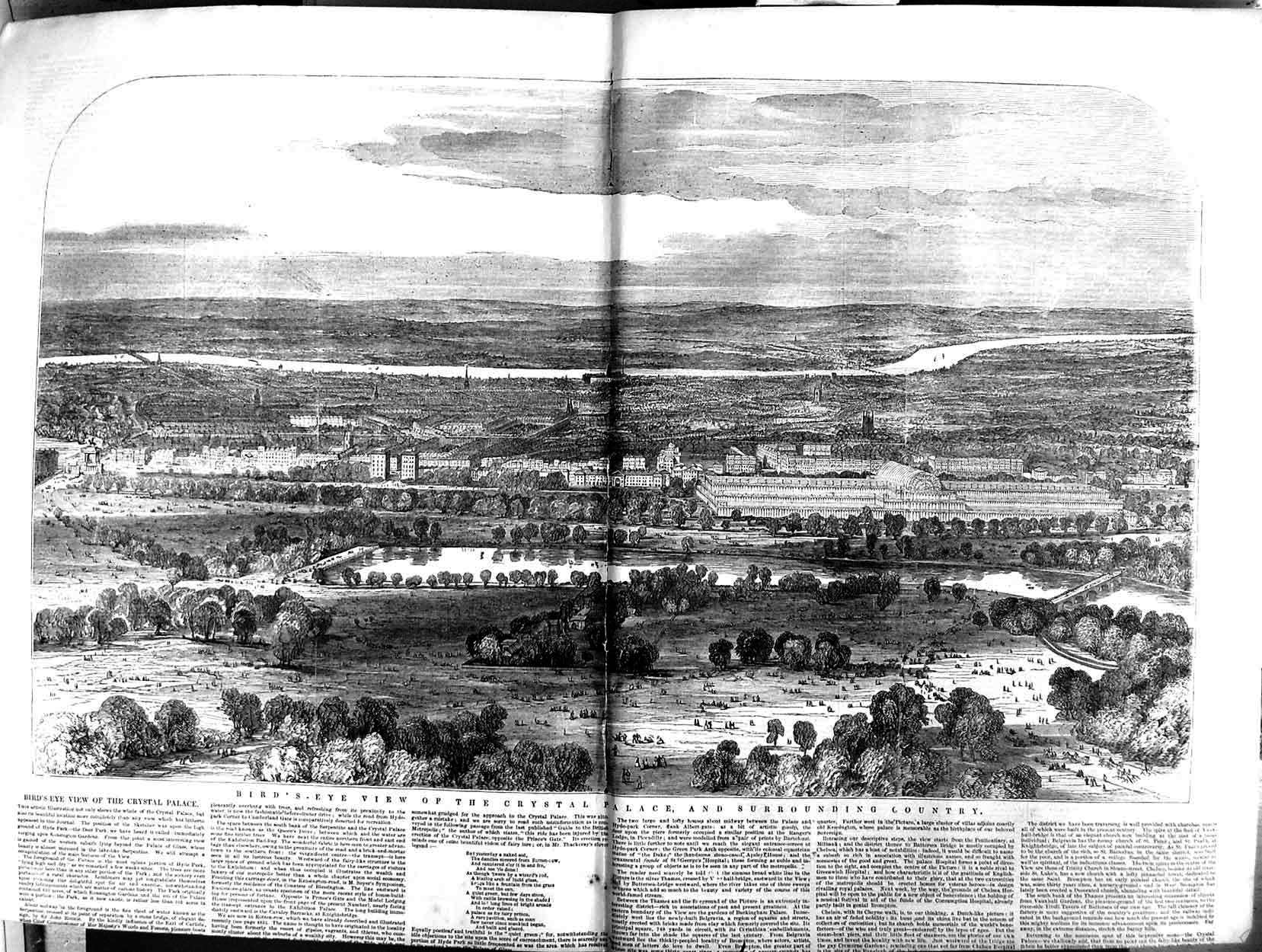 Old Antique Print 1851 Bird'S Eye View Crystal Palace London Countryside 19th