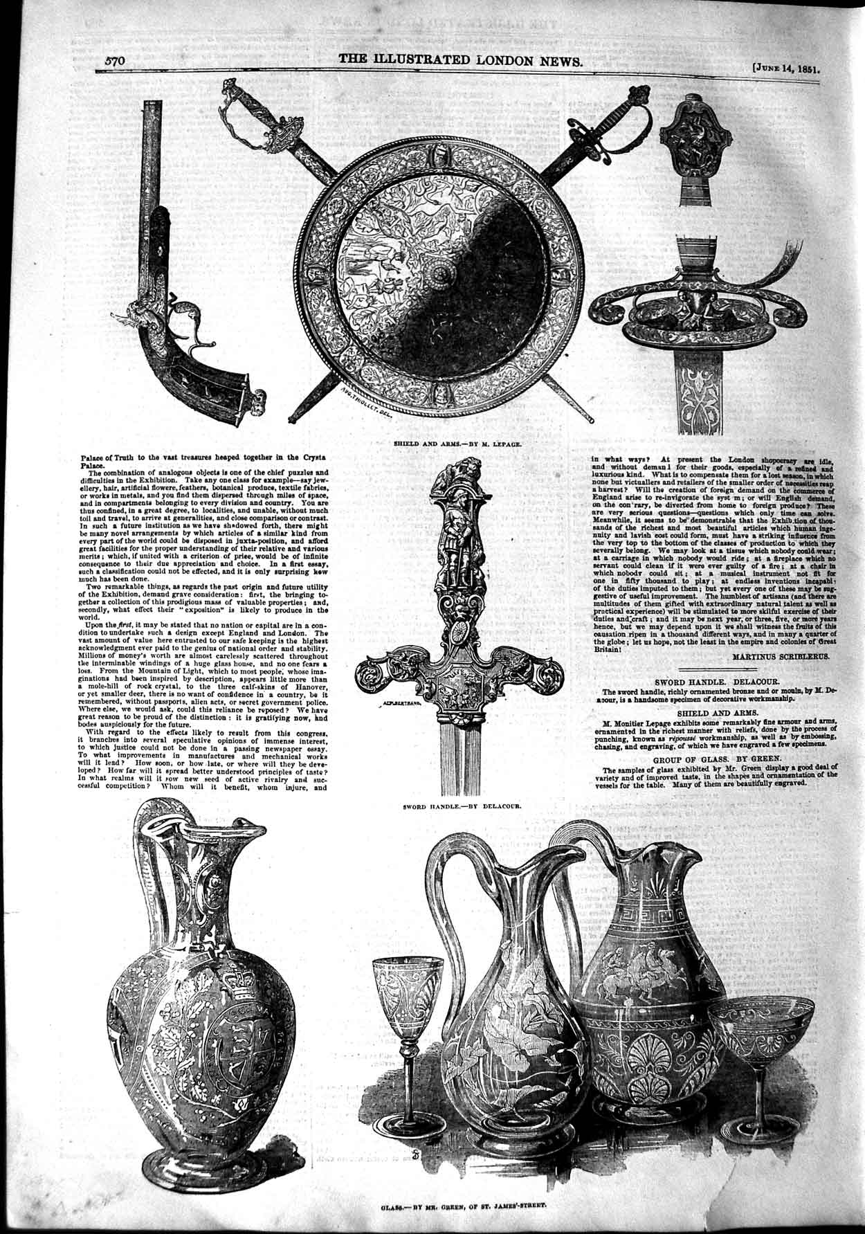 Old Antique Print 1851 Glass Green James Street Shield Arms Sword Weapons 19th