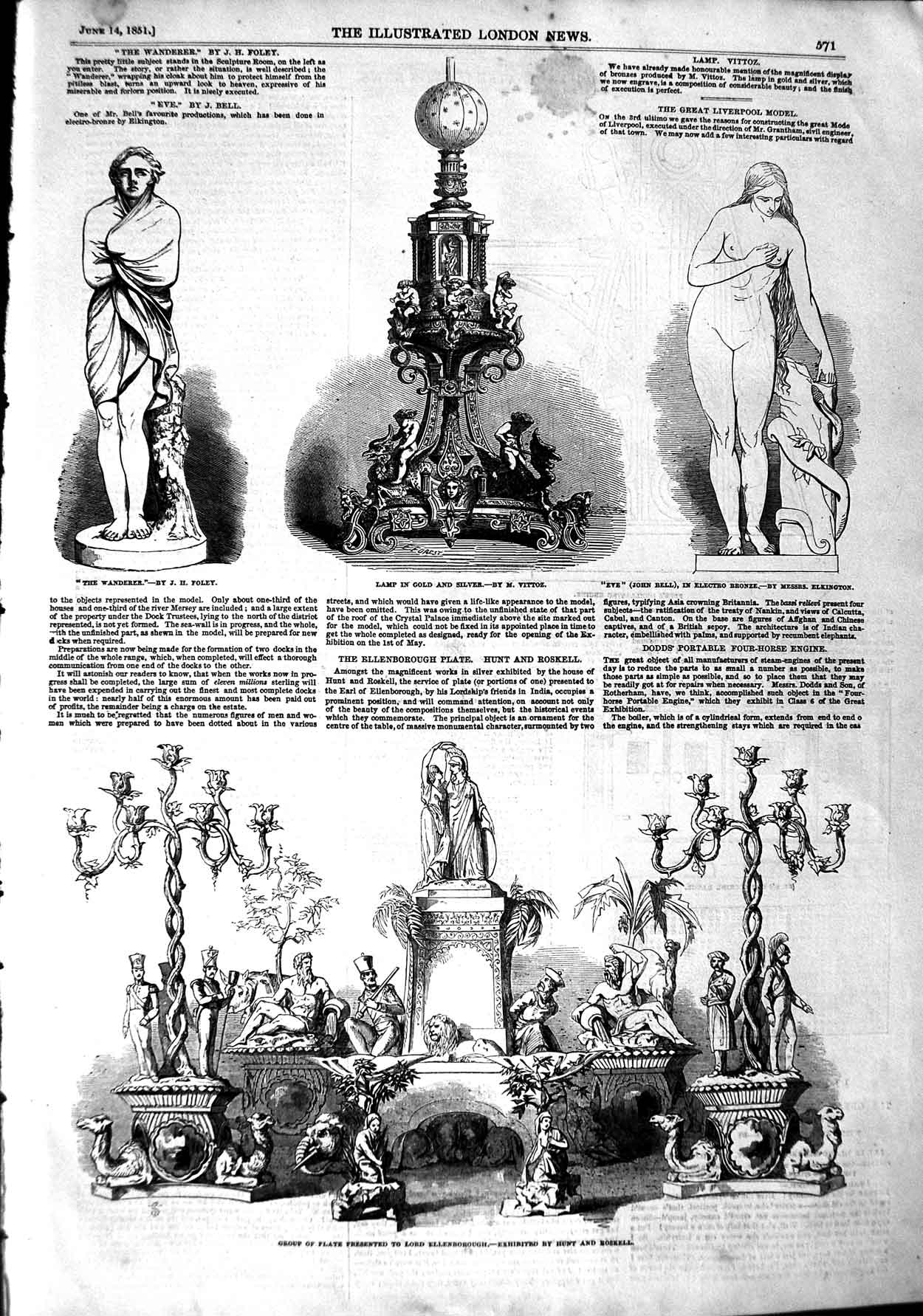 Original Old Antique Print 1851 Lord Ellenborough Plate GLamp Eve Bronze 19th