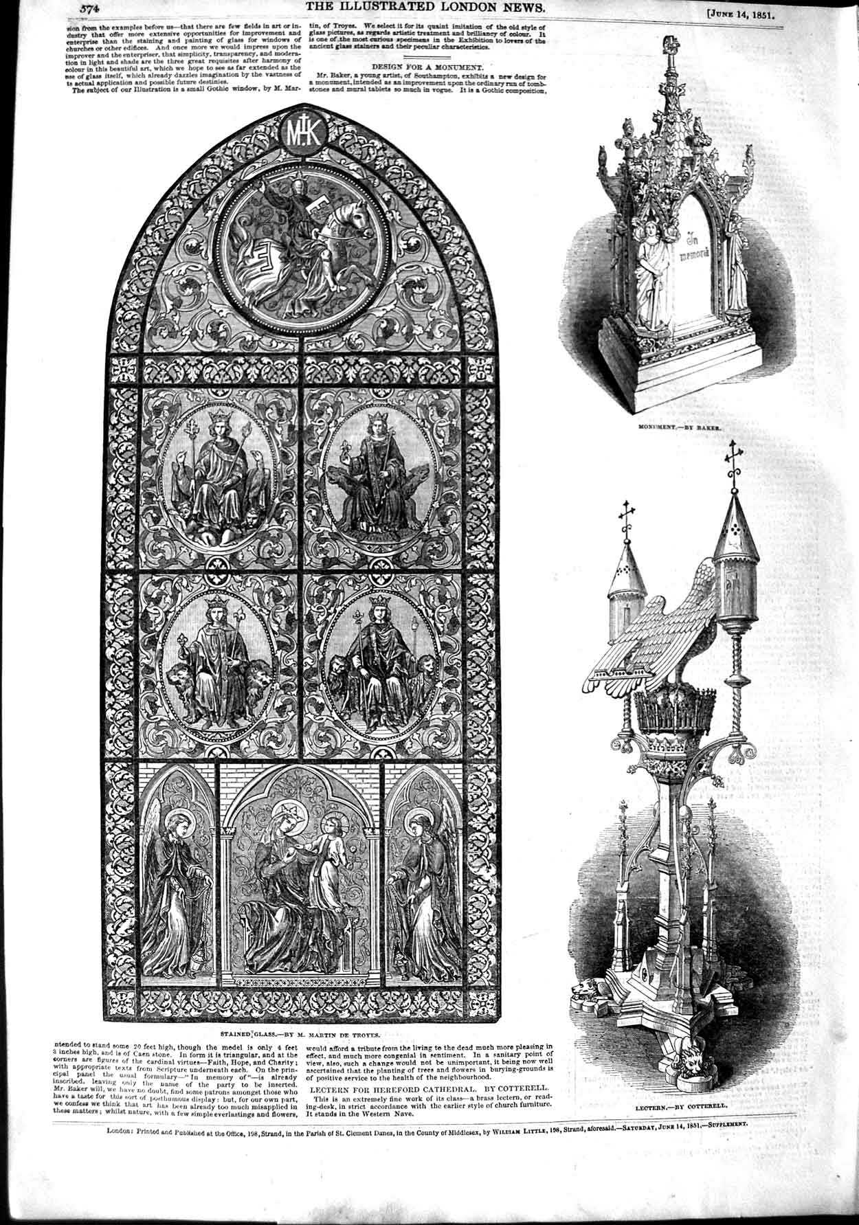 Original Old Antique Print 1851 Stained Glass Window Monument Lectern Cathedral