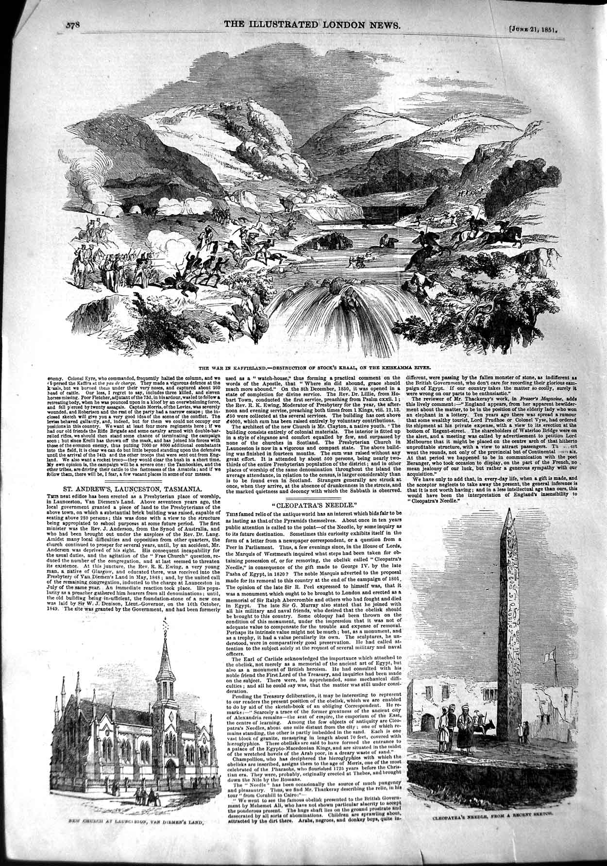 Old Antique Print 1851 War Kaffirland Keiskamma Cleopatras Needle Church 19th