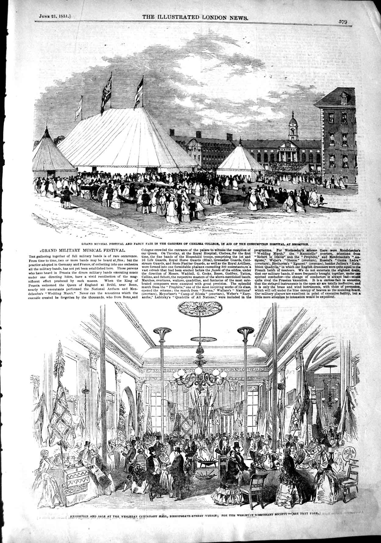 Old Antique Print 1851 Musical Festival Chelsea College Hospital Wesleyan 19th