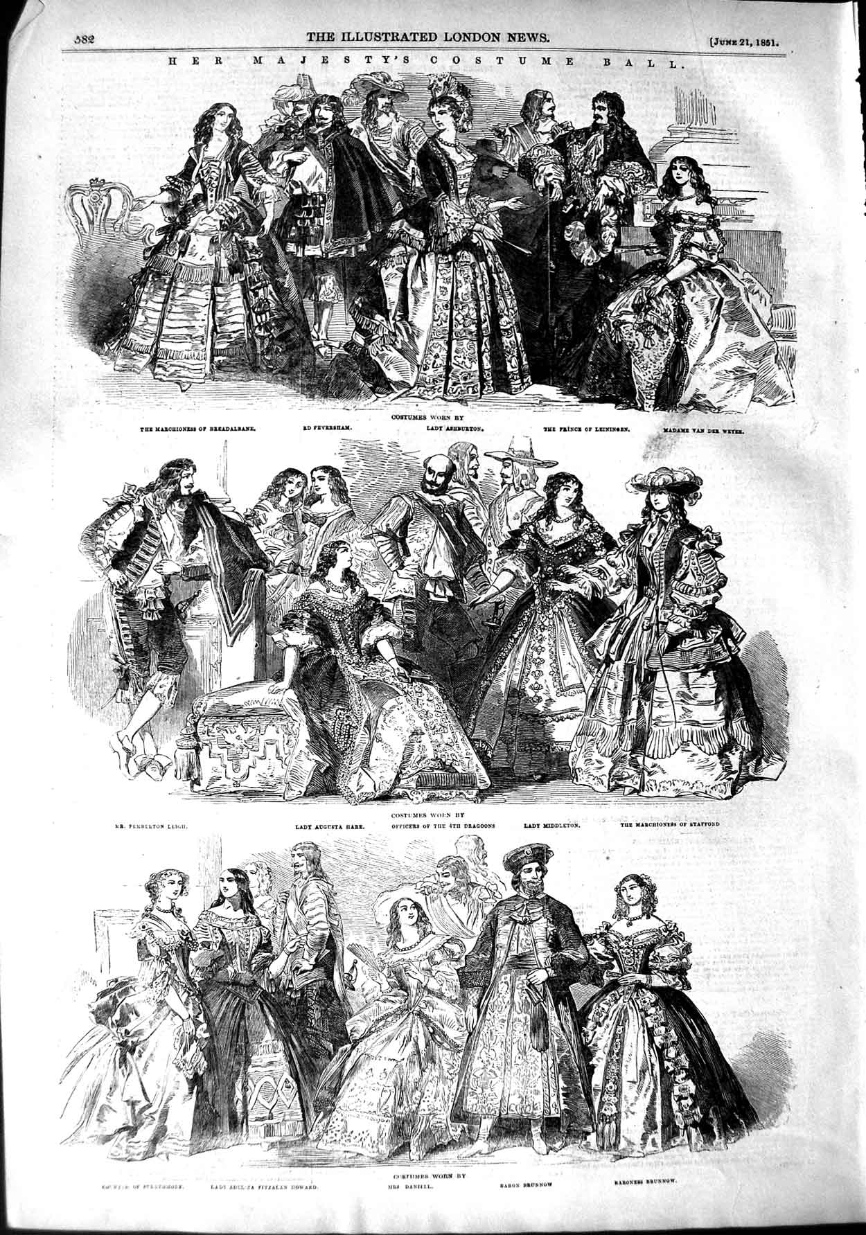 Old Antique Print 1851 Queen England Costume Ball Dragoons Brunnow Leigh 19th