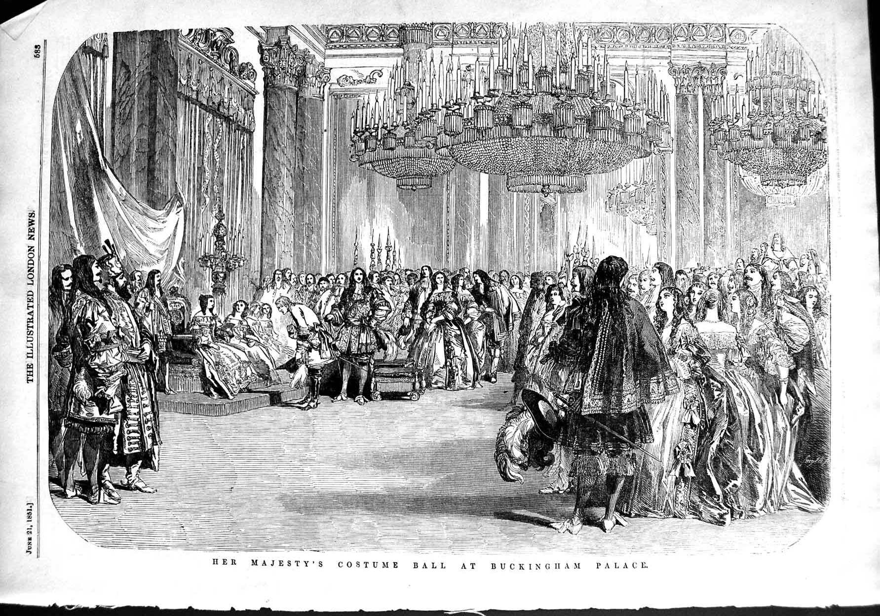 Original Old Antique Print 1851 Queen England Costume Ball Buckingham Victorian