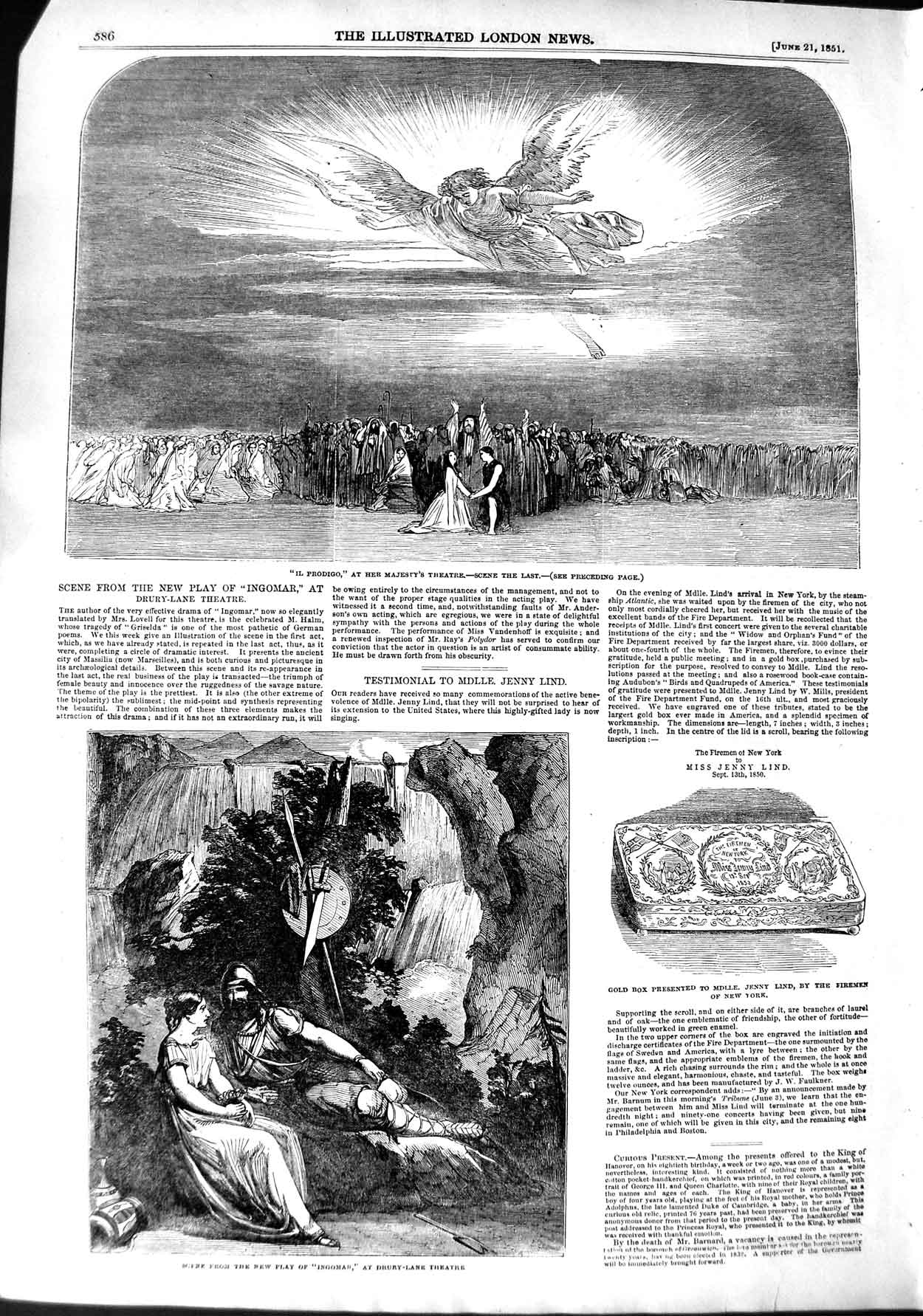 Original Old Antique Print 1851 Prodigo Theatre Ingomar Drury Jenny Lind GBox