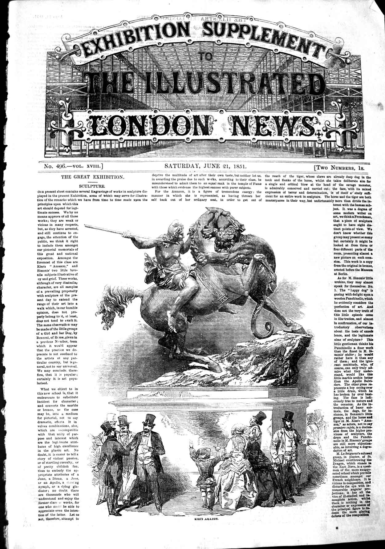 Original Old Antique Print 1851 Sculpture Great Exhibition Kiss'S Amazon 19th