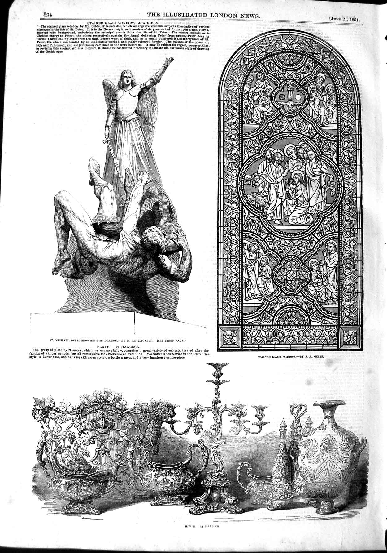 Original Old Antique Print 1851 Stained Glass Window Silver Michael Dragon 19th