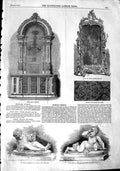 Original Old Antique Print 1851 Damask Glass Secretaire Statue Boy Broken Drum