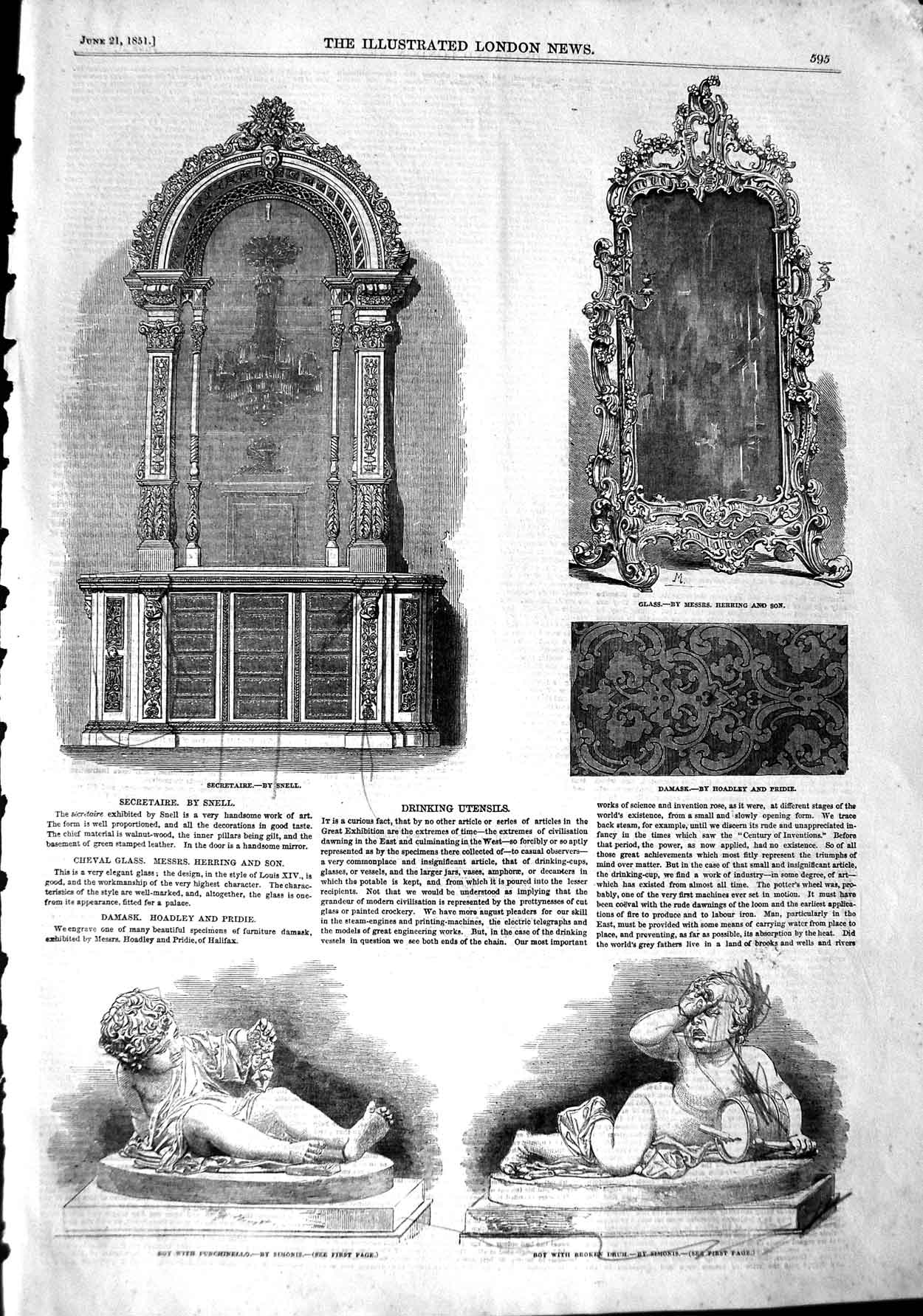 Original Old Antique Print 1851 Damask Glass Secretaire Statue Boy Broken Drum