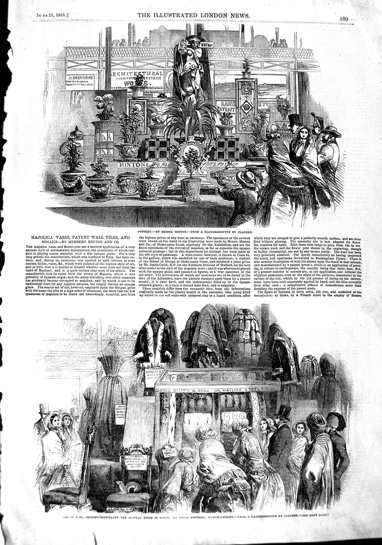 Original Old Antique Print 1851 Pottery Furs Sable Smith Watling Street 19th