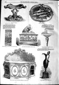 Original Old Antique Print 1851 Pottery Ivory Casket Cabinet Ingram Vase Buxton