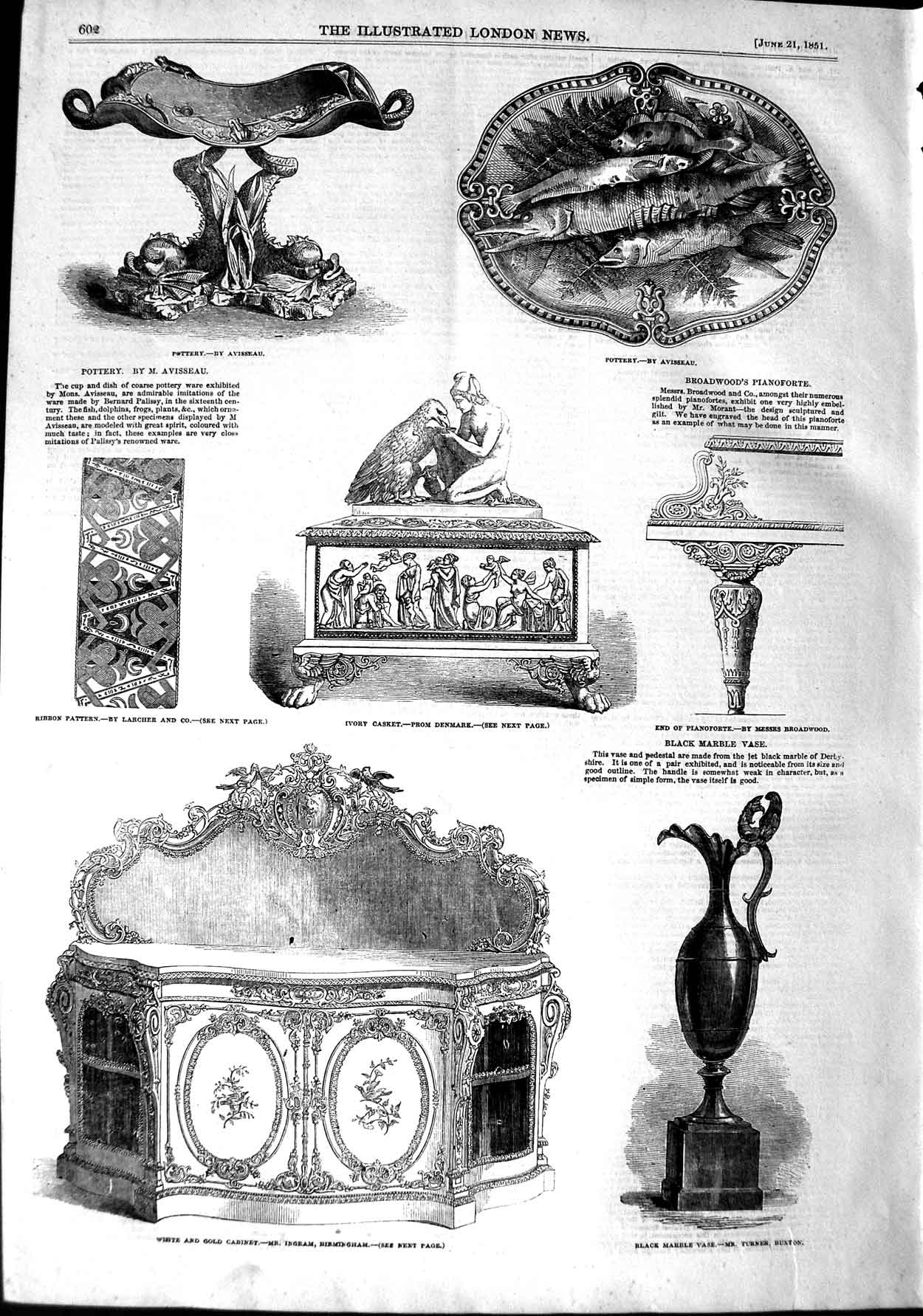 Original Old Antique Print 1851 Pottery Ivory Casket Cabinet Ingram Vase Buxton