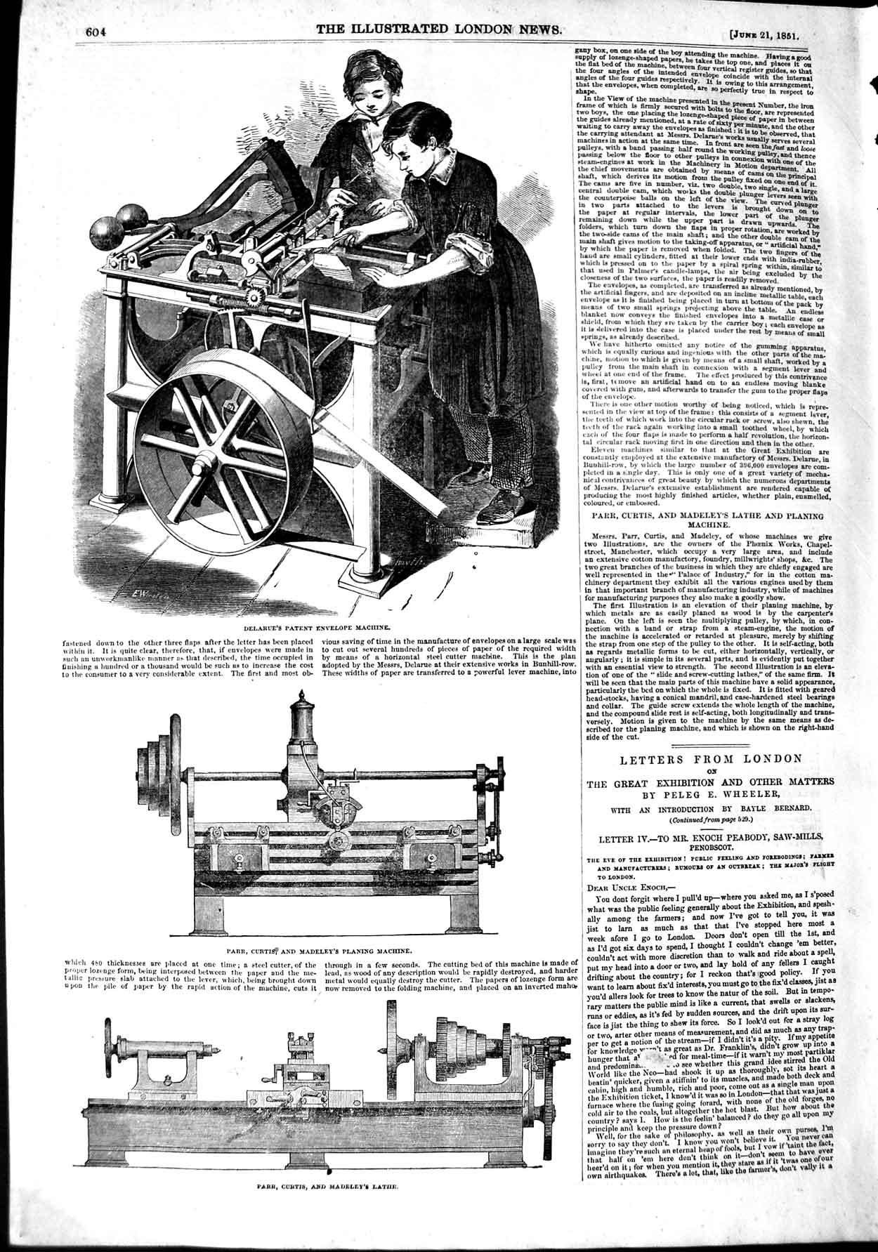 Old Antique Print 1851 Delarue Envelope Machine Parr Curtis Lathe Planing 19th