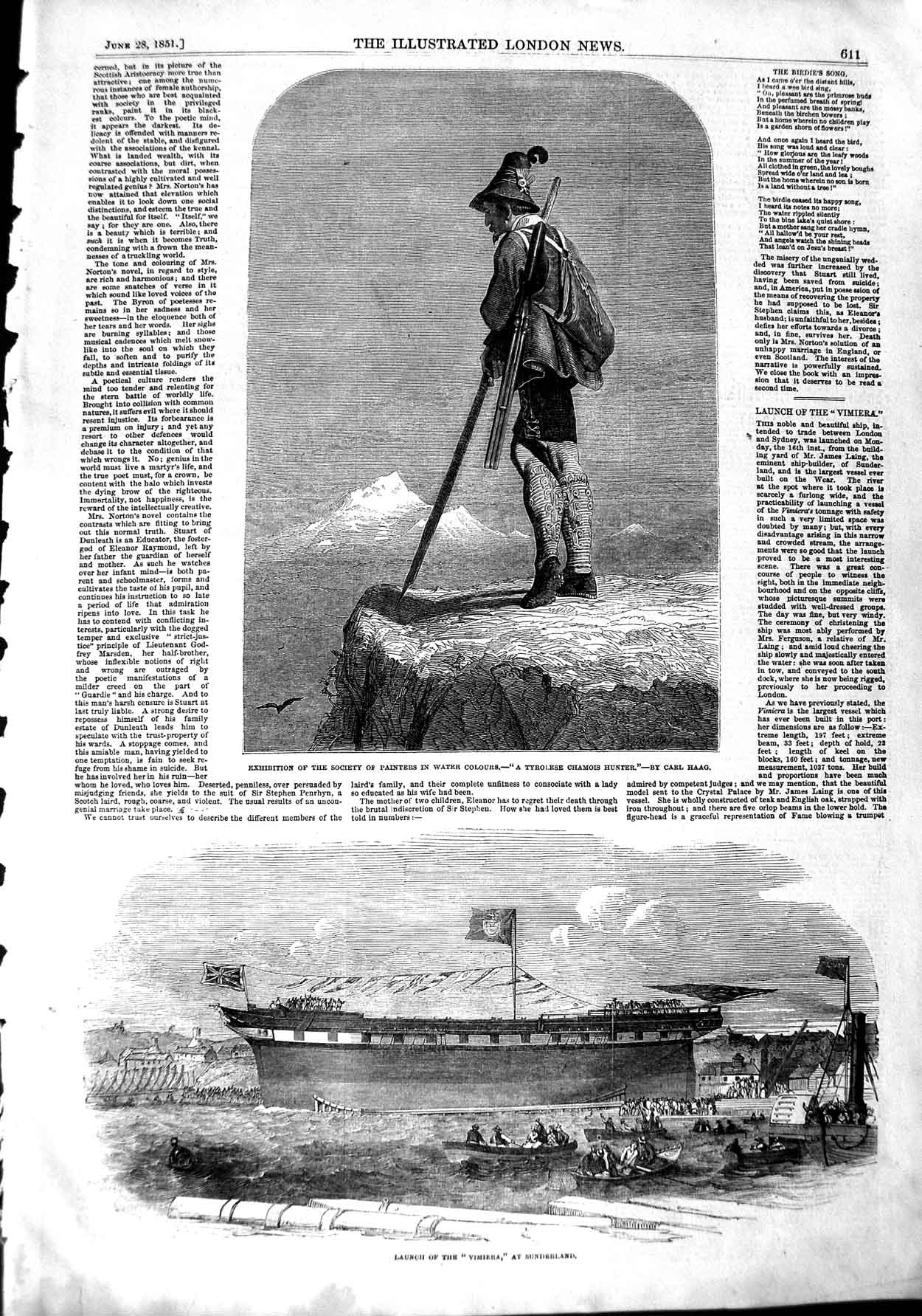Original Old Antique Print 1851 Ship Vimiera Sunderland Tyrolese Chamois Hunter