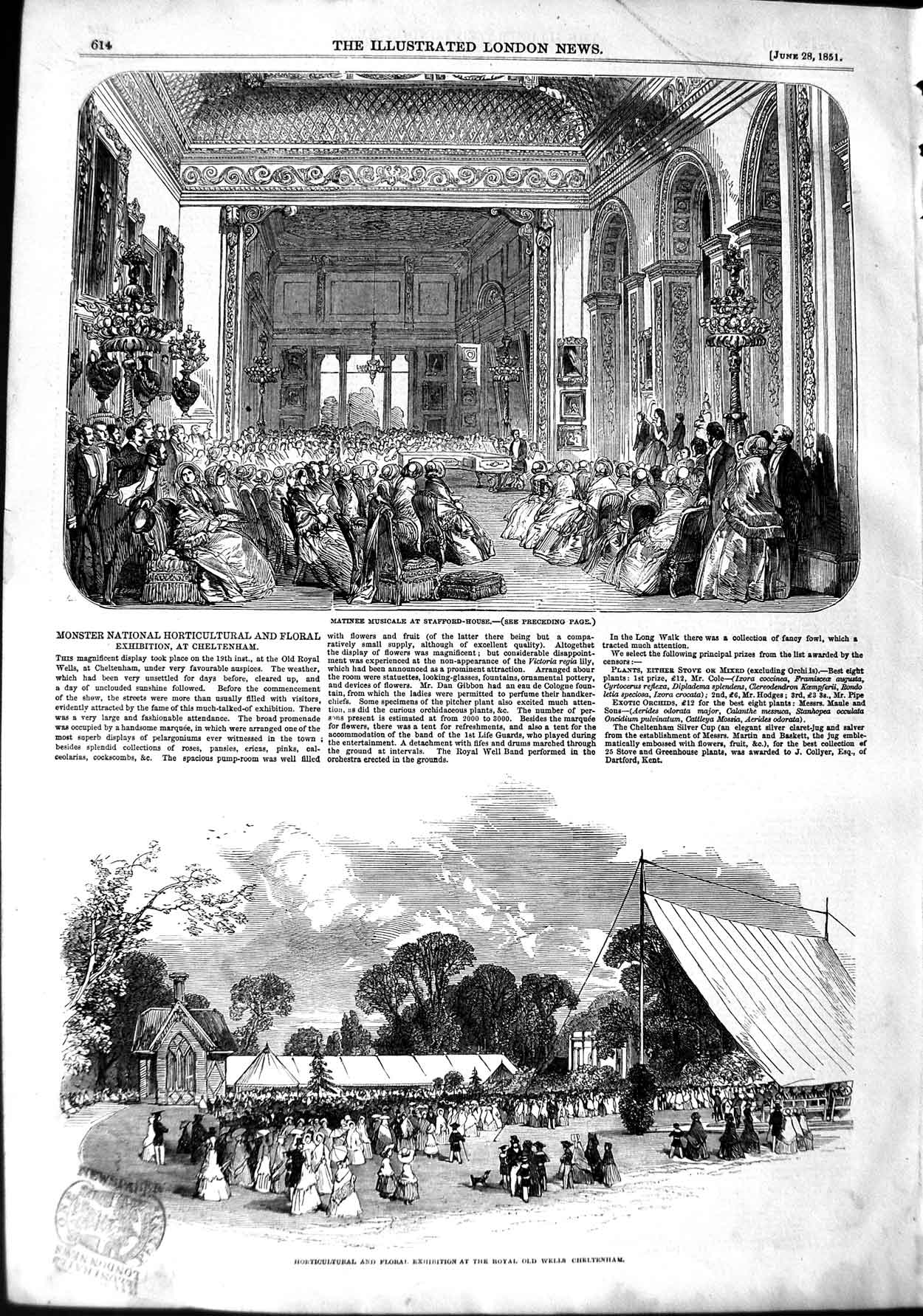 Old Antique Print 1851 Floral Exhibition Wells Cheltenham Stafford House 19th