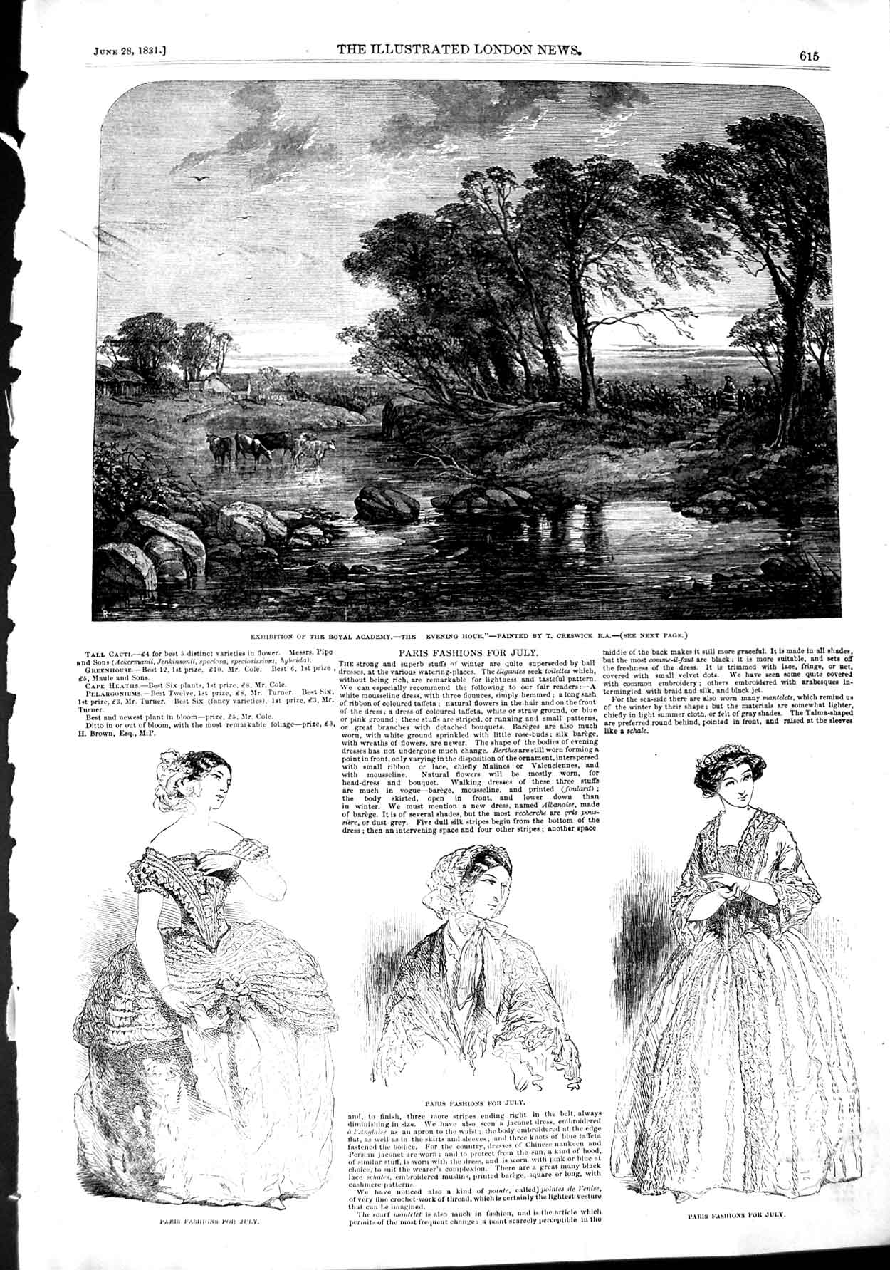 Old Antique Print 1851 Paris Fashion Royal Academy Art River Cattle Tree 19th