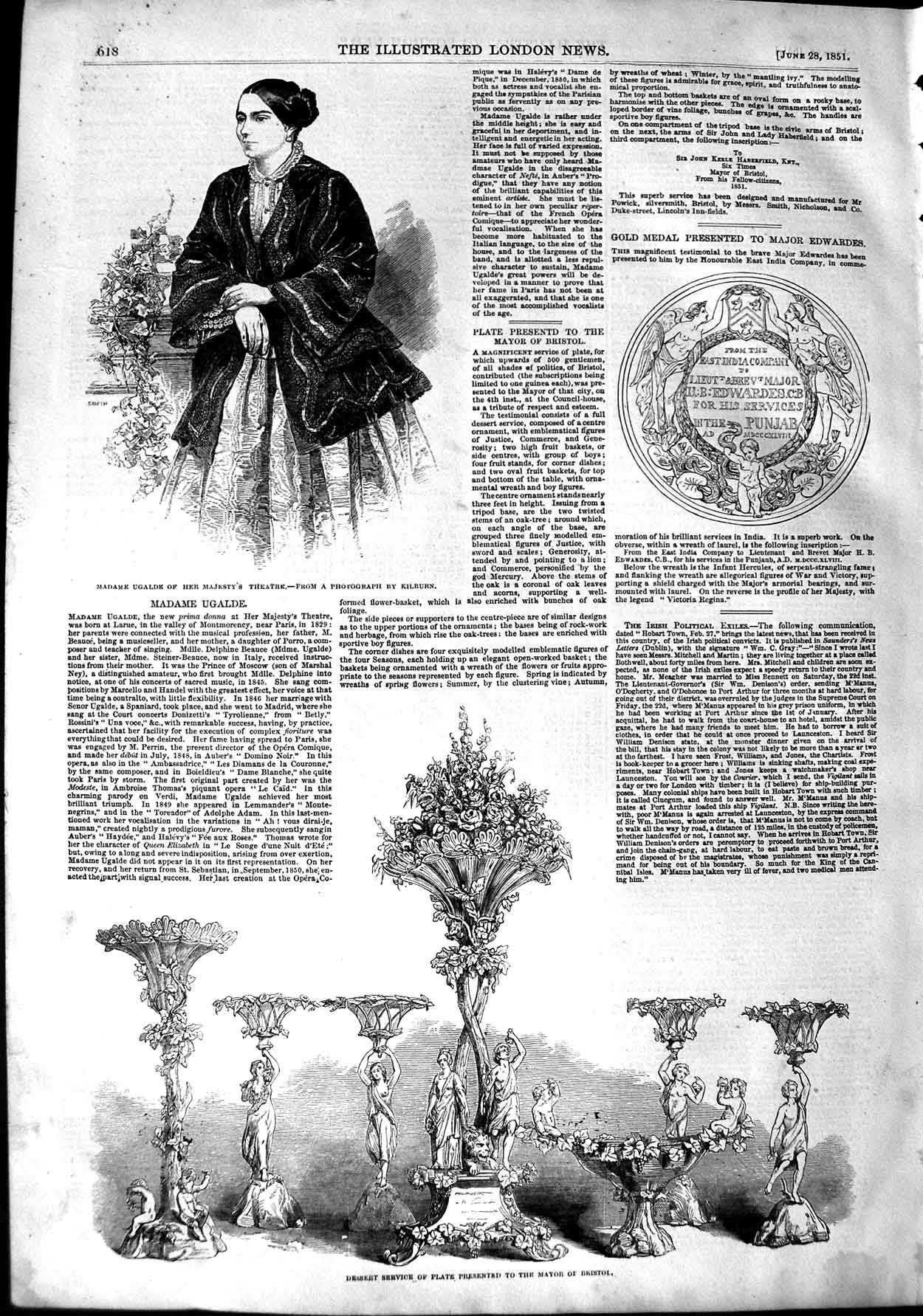 Old Antique Print 1851 Madame Ugalde Theatre Medal Edwardes Mayor Bristol 19th