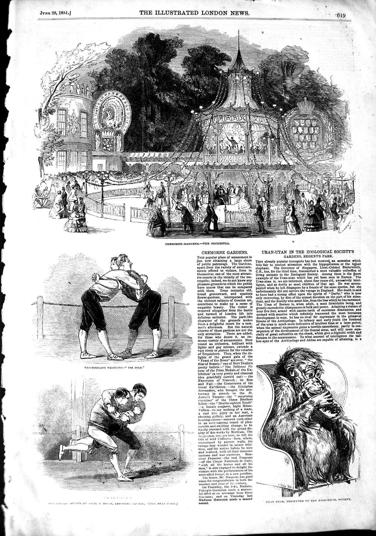 Original Old Antique Print 1851 Cremone Gardens Orchestra Wrestling Meteo 19th