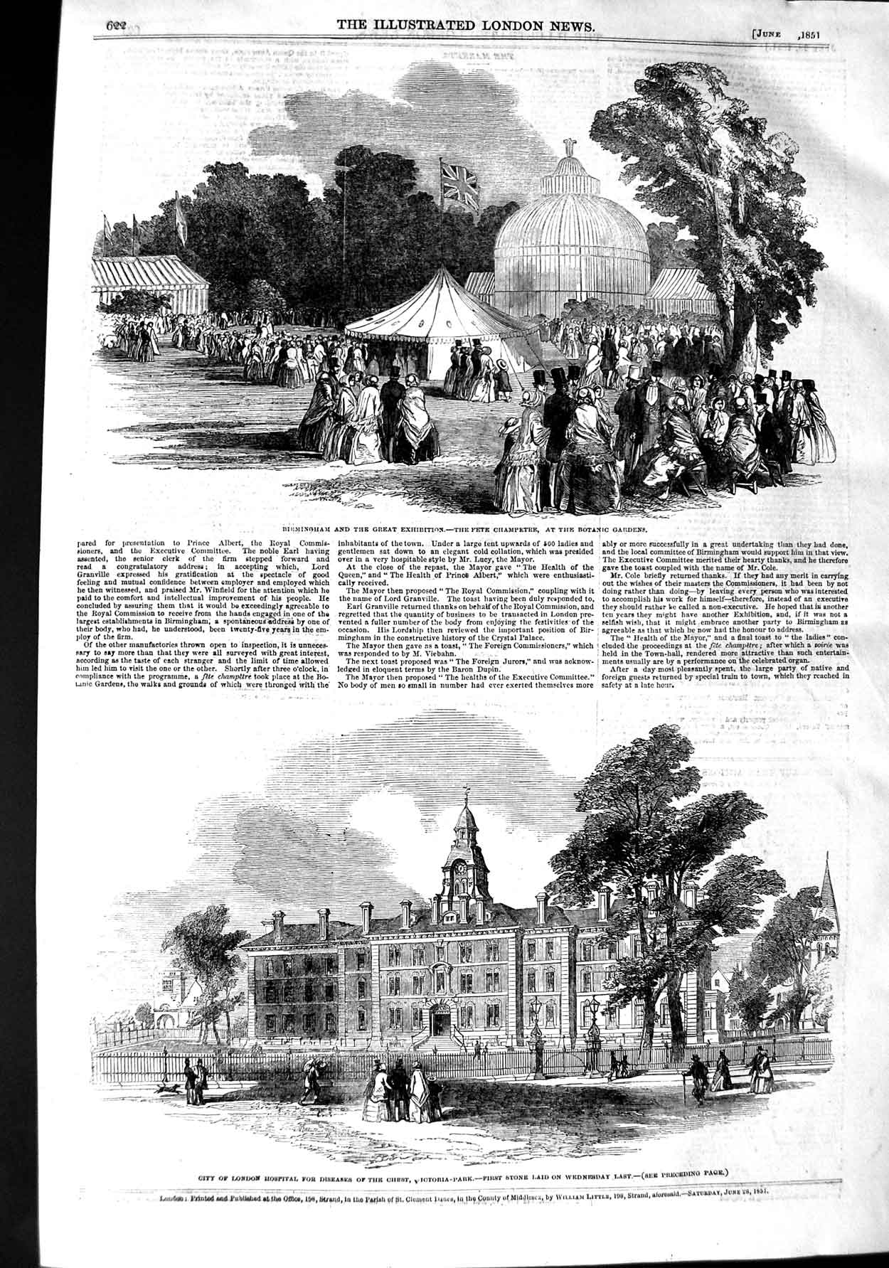 Old Antique Print 1851 Birmingham Exhibition Champetre Hospital Victoria 19th