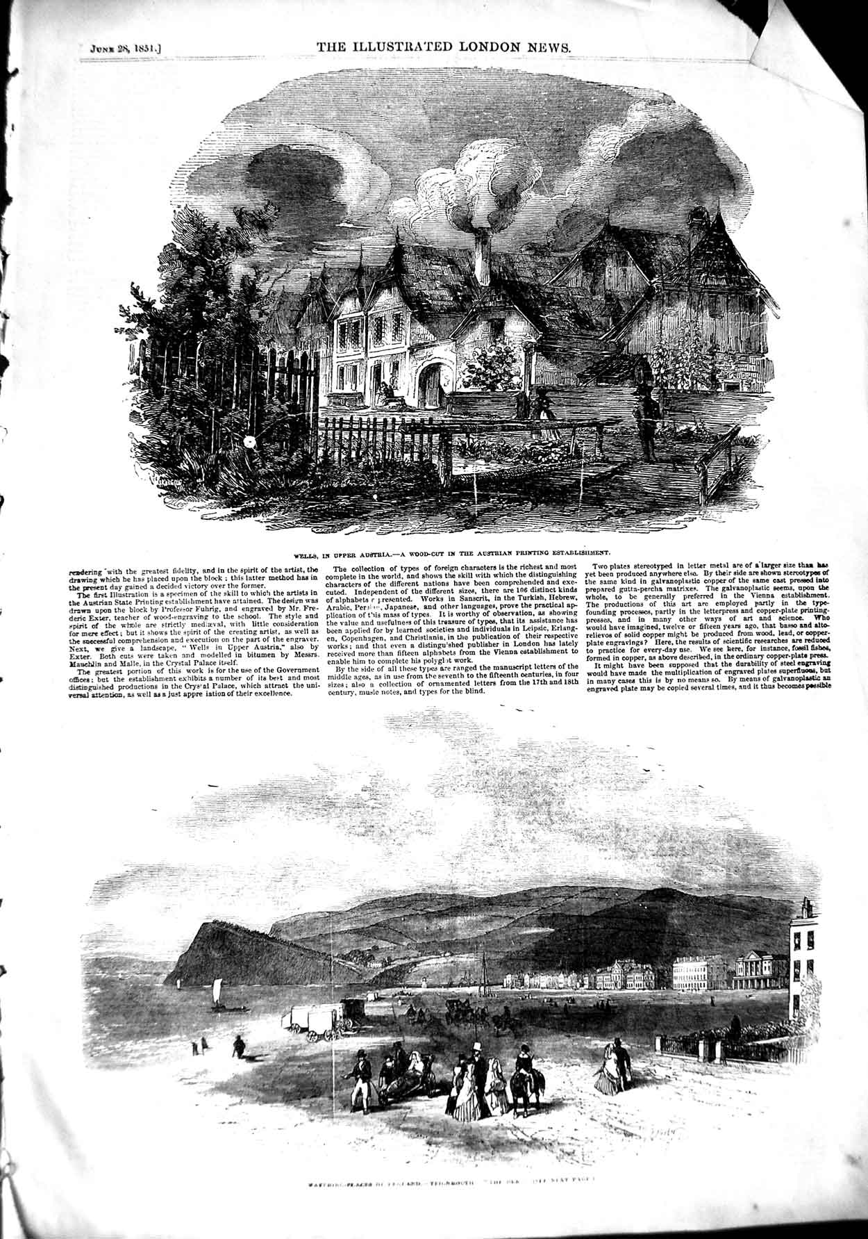 Original Old Antique Print 1851 Wells Upper Austria Teignmouth Beach England