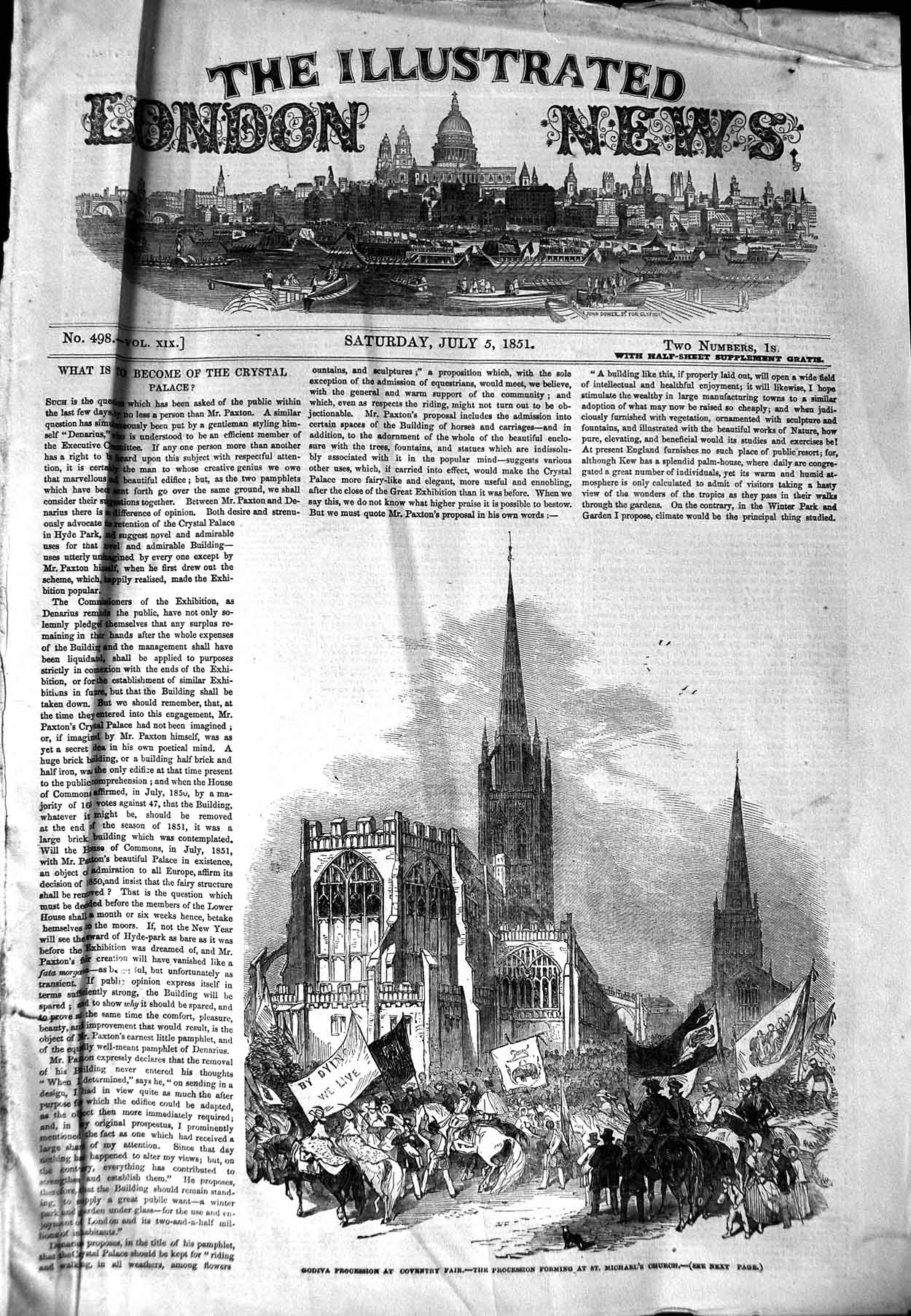 Old Antique Print 1851 Godiva Procession Coventry Fair Michael'S Church 19th