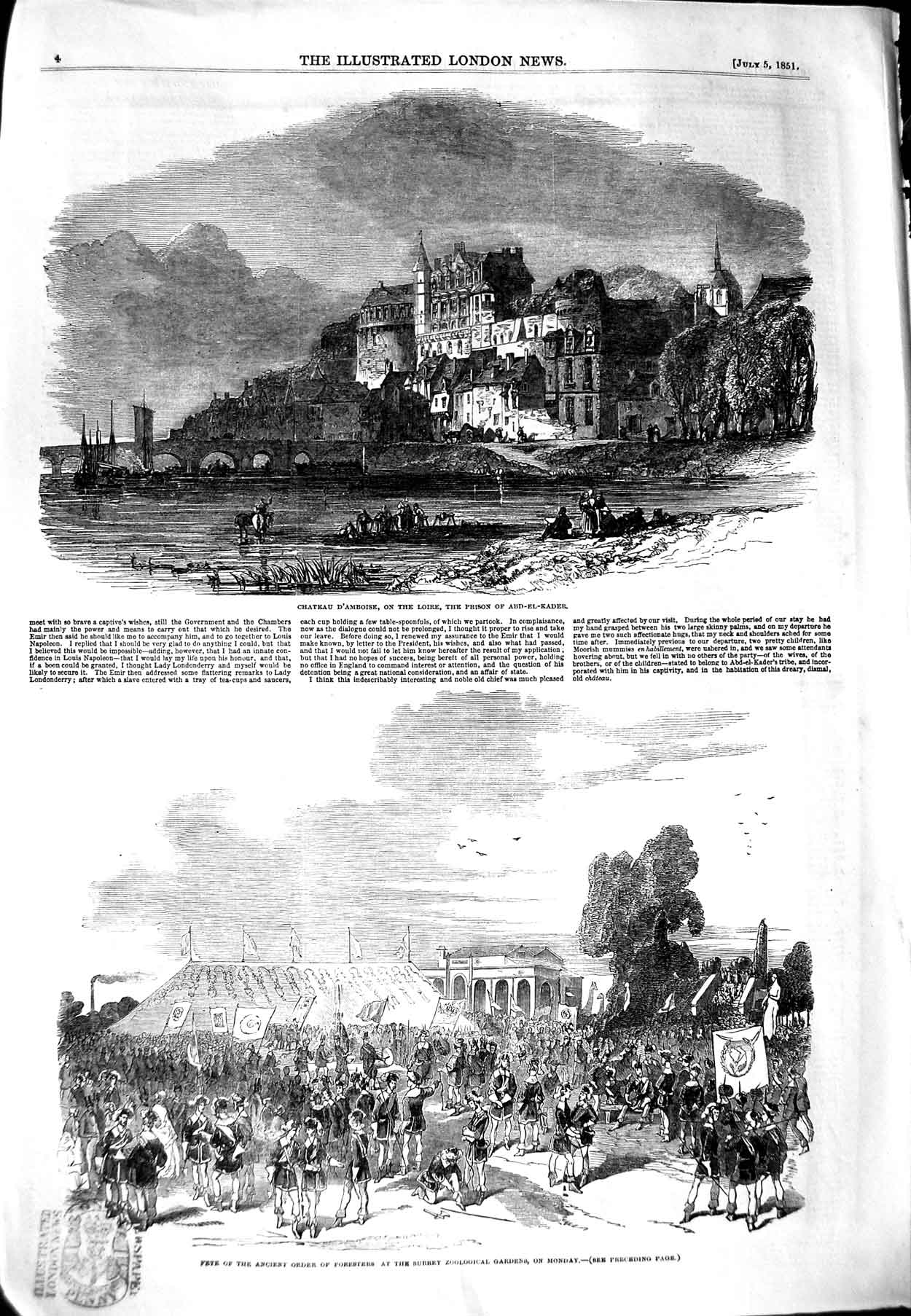 Original Old Antique Print 1851 Chateau D'Amboise Loire Abd-El-Kader Sur 19th