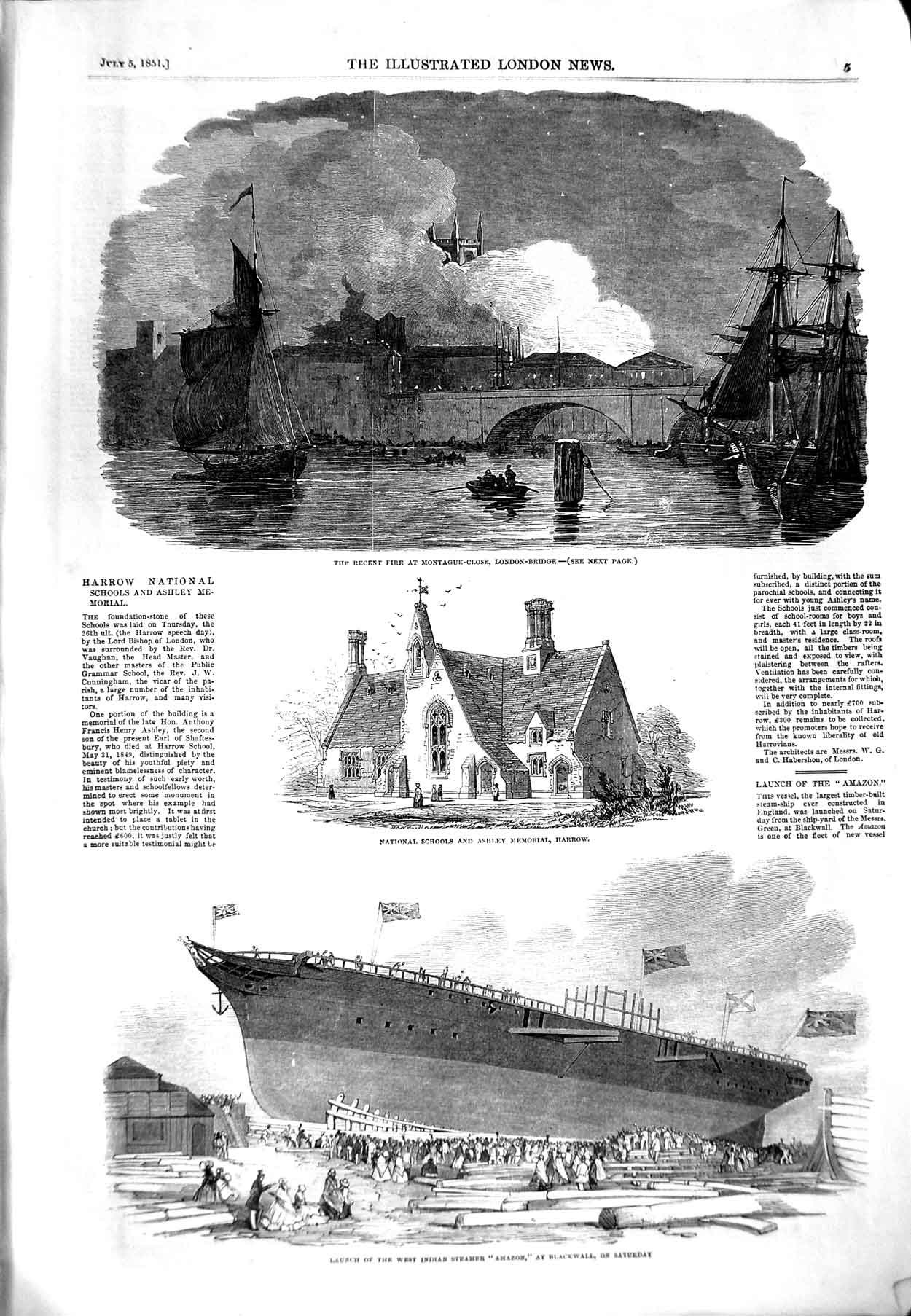 Original Old Antique Print 1851 Fire Montague-Close London Bridge Amazon Ship