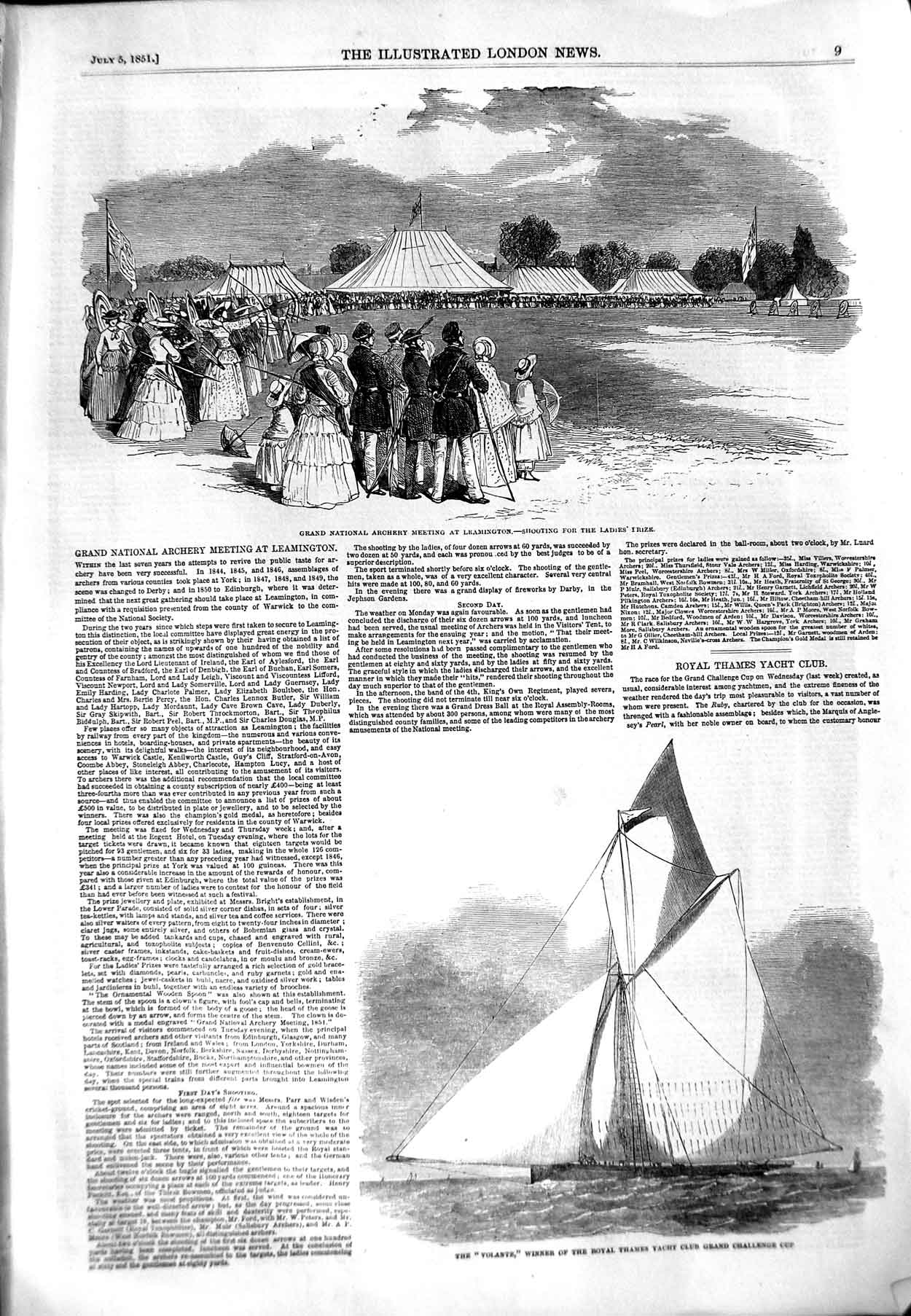 Original Old Antique Print 1851 Archery Leamington Volante Royal Thame Victorian