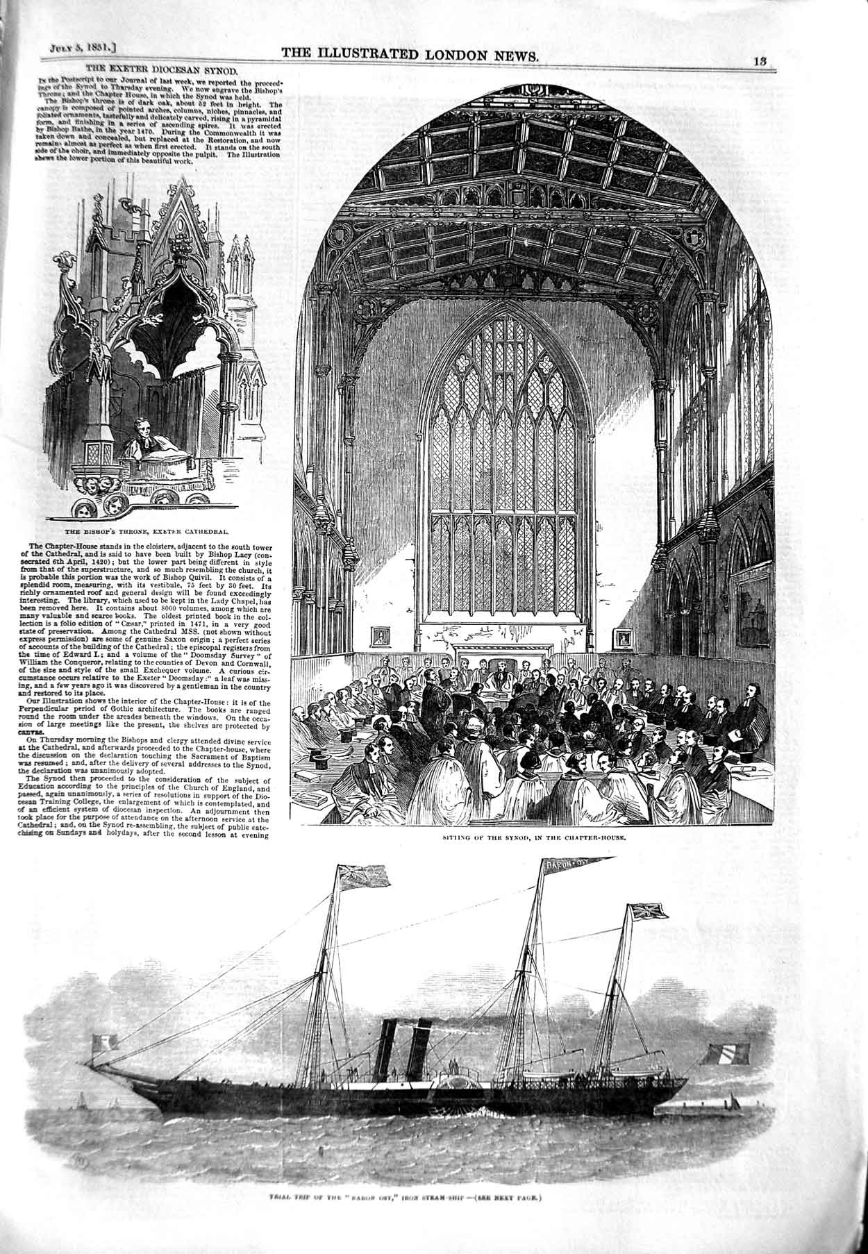 Original Old Antique Print 1851 Synod Chapter Baron Osy Ship Exeter Cathedral