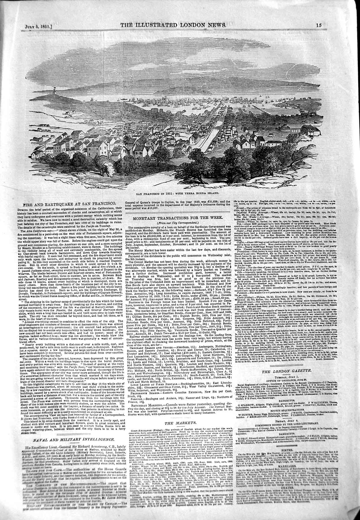 Original Old Antique Print 1851 San Francisco America Yerba Buena Island 19th