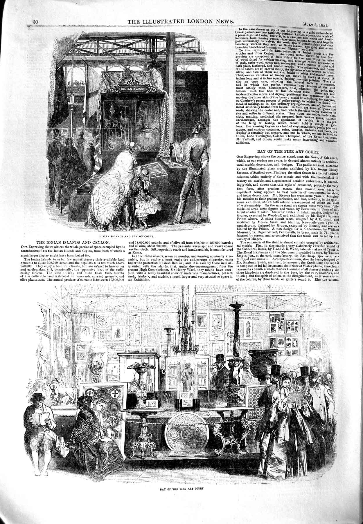 Original Old Antique Print 1851 Ionian Islands Ceylon Court Fine Art Exh 19th