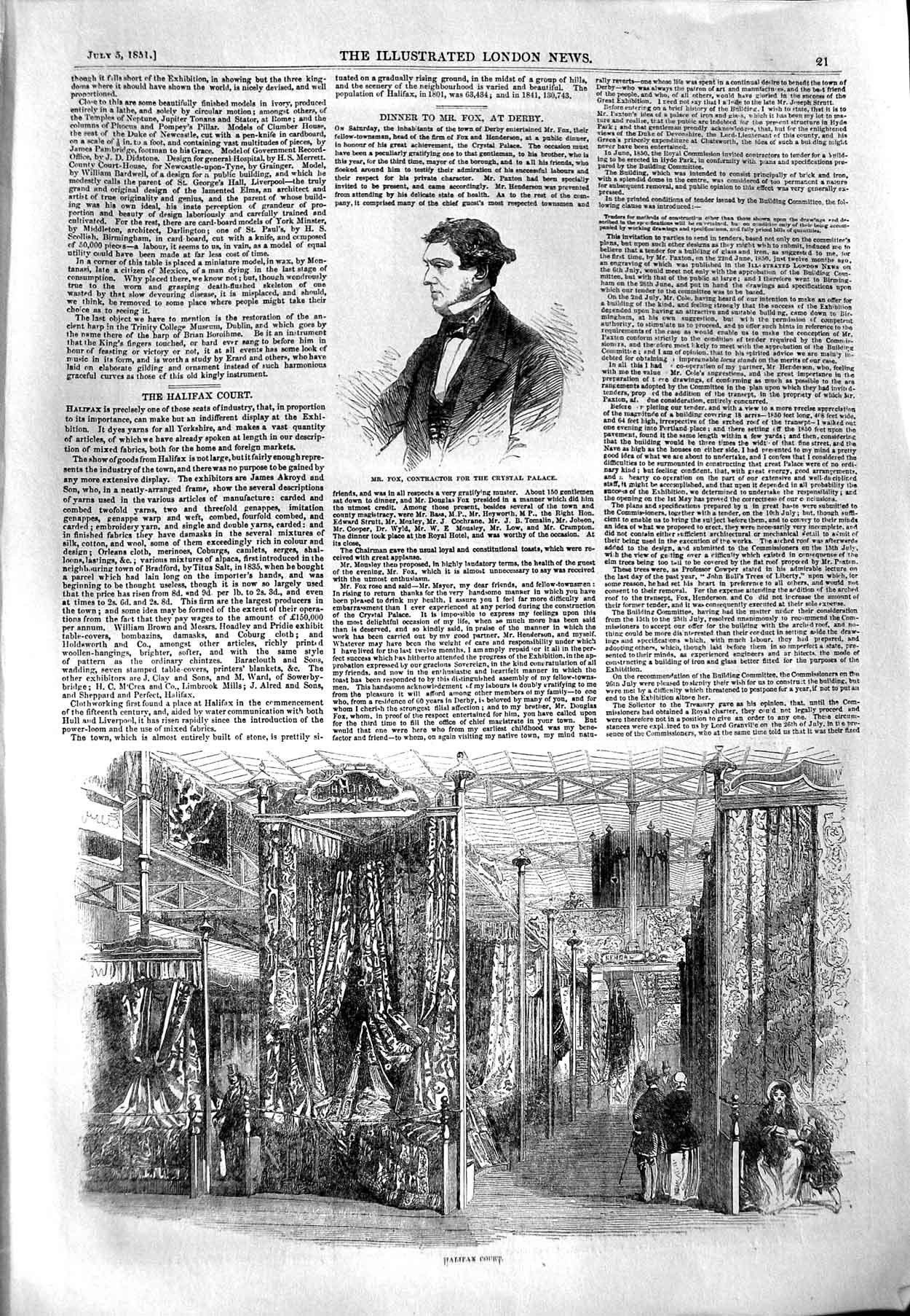Old Antique Print 1851 Fox Crystal Palace Halifax Court Great Exhibition 19th
