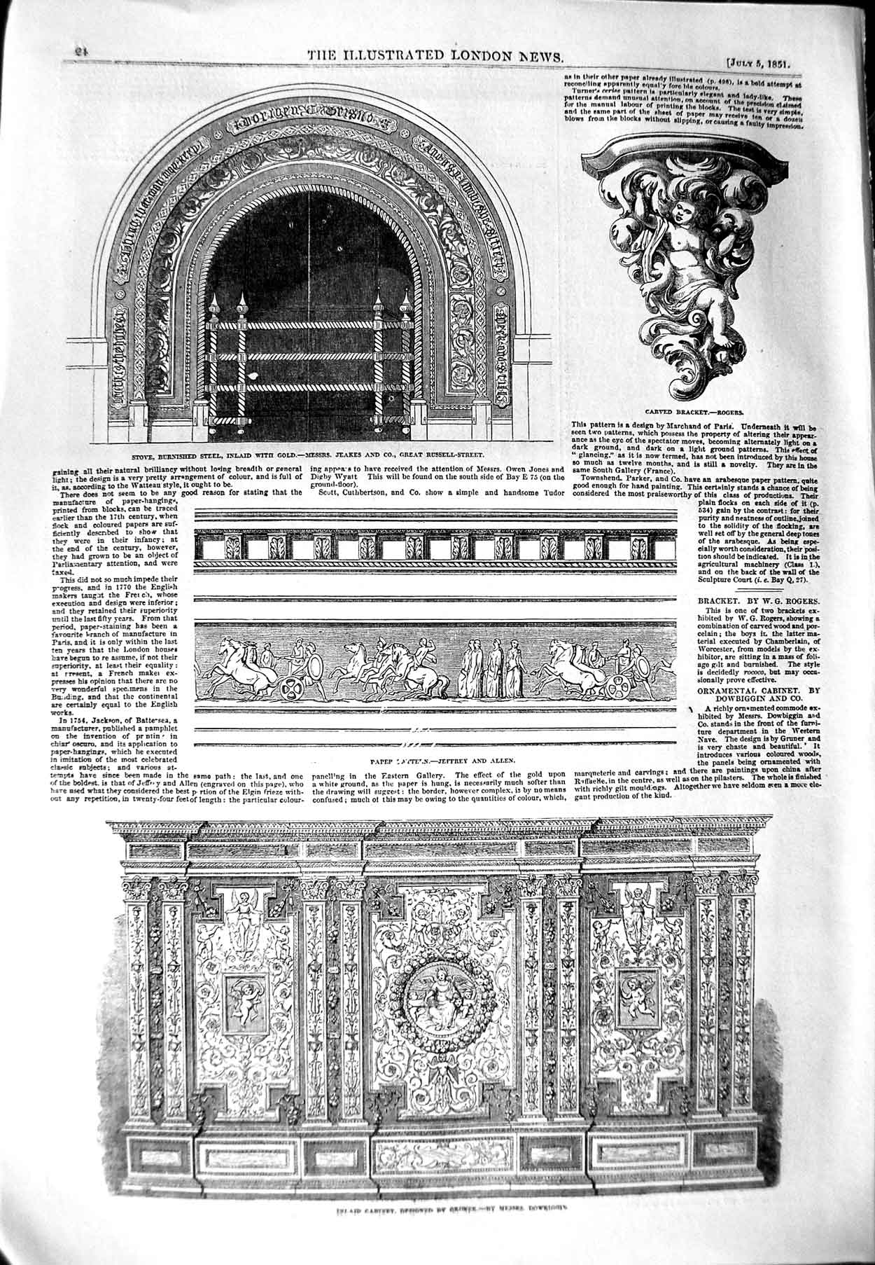 Old Antique Print 1851 Cabinet Pattern Jefrey Allen Stove Carved Bracket 19th