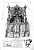 Original Old Antique Print 1851 Austrian Bedstead Papier Mache Ornament Mosaic
