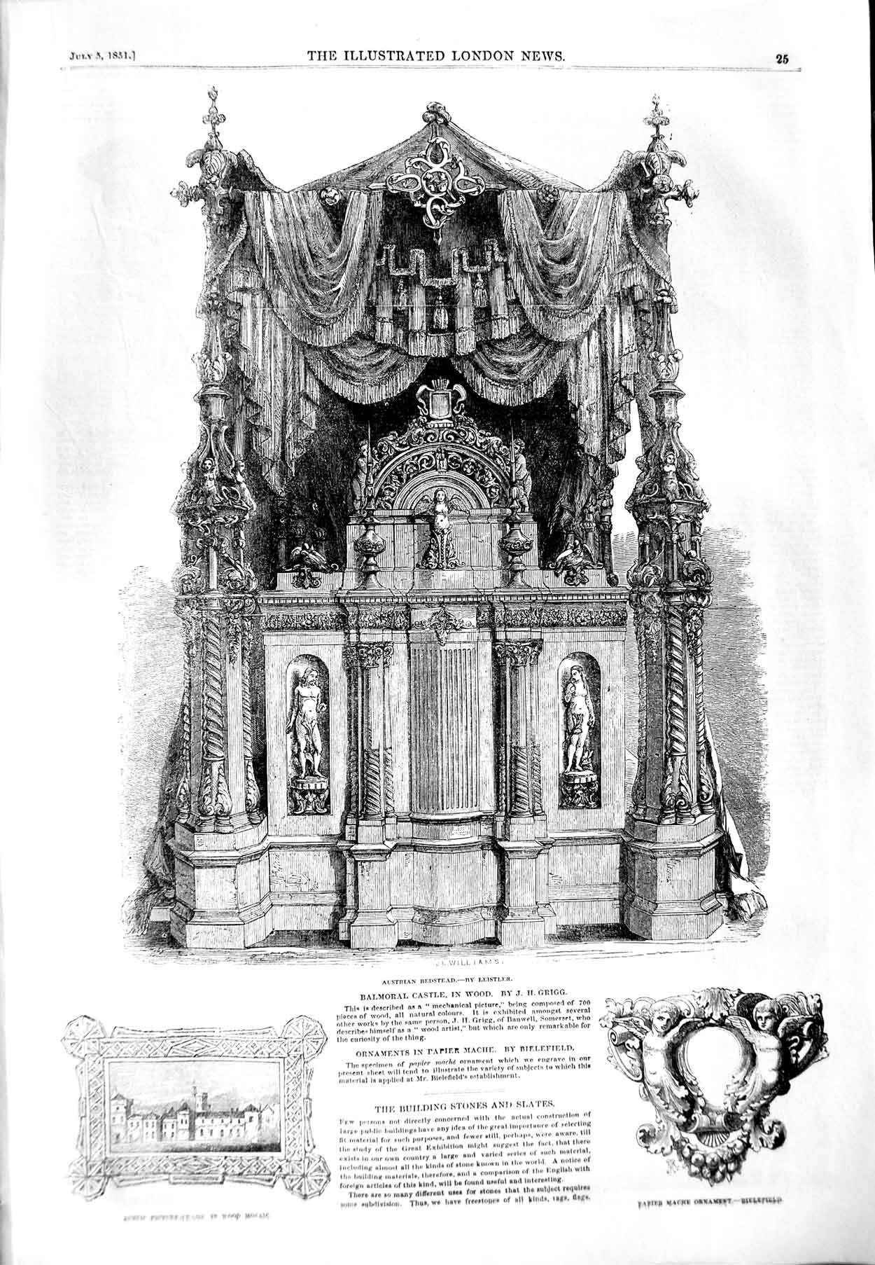Original Old Antique Print 1851 Austrian Bedstead Papier Mache Ornament Mosaic