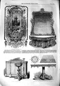 Original Old Antique Print 1851 Furniture Painted Blind Furniture Table Glass